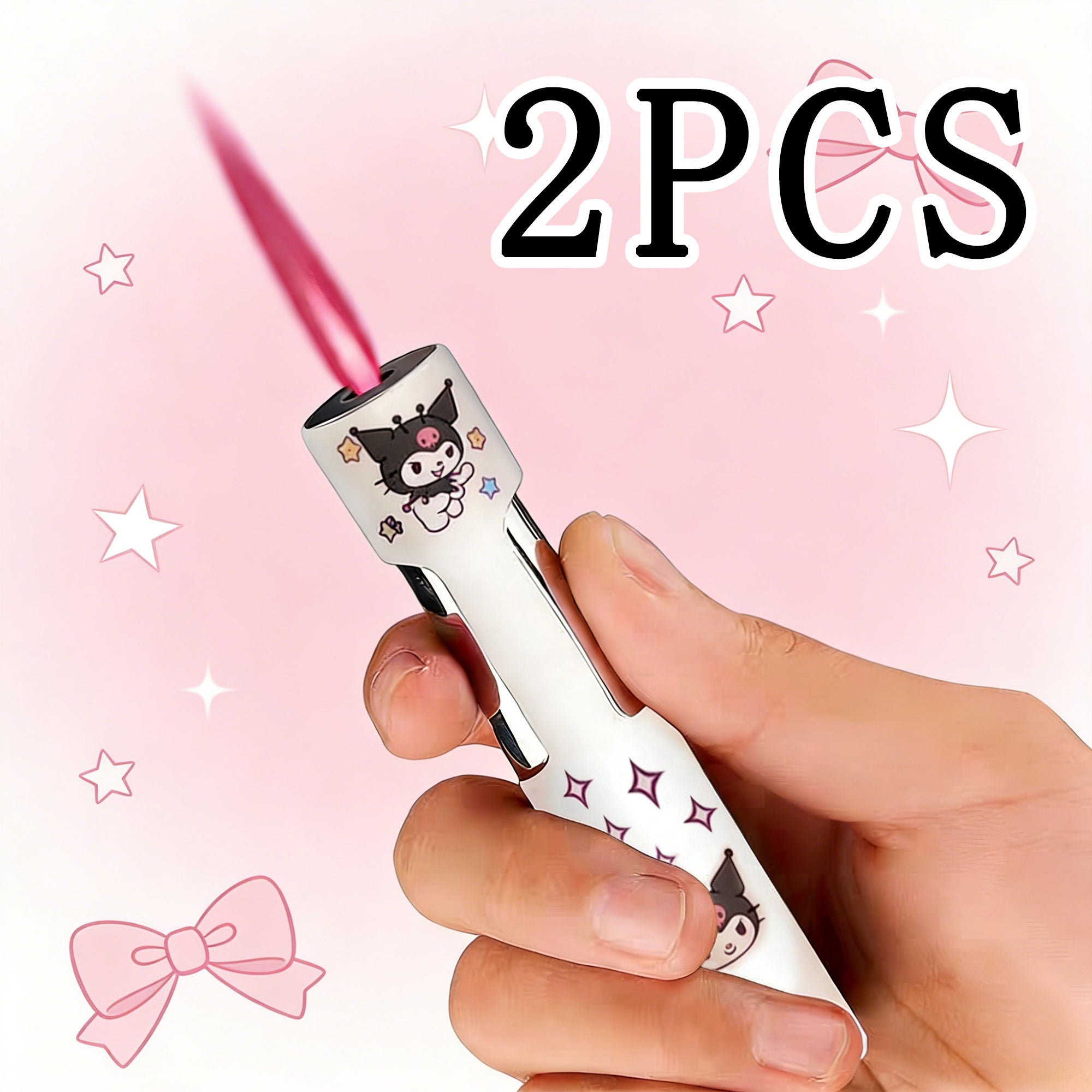 2pcs Sanrio Kuromi And Hello Kitty Cylindrical Lighter, Windproof Refillable Pink Flame Lighter, Cute Cartoon Mini Push Ignition Lighter, Portable Gift for Women And Girls (Butane Gas Not Included)