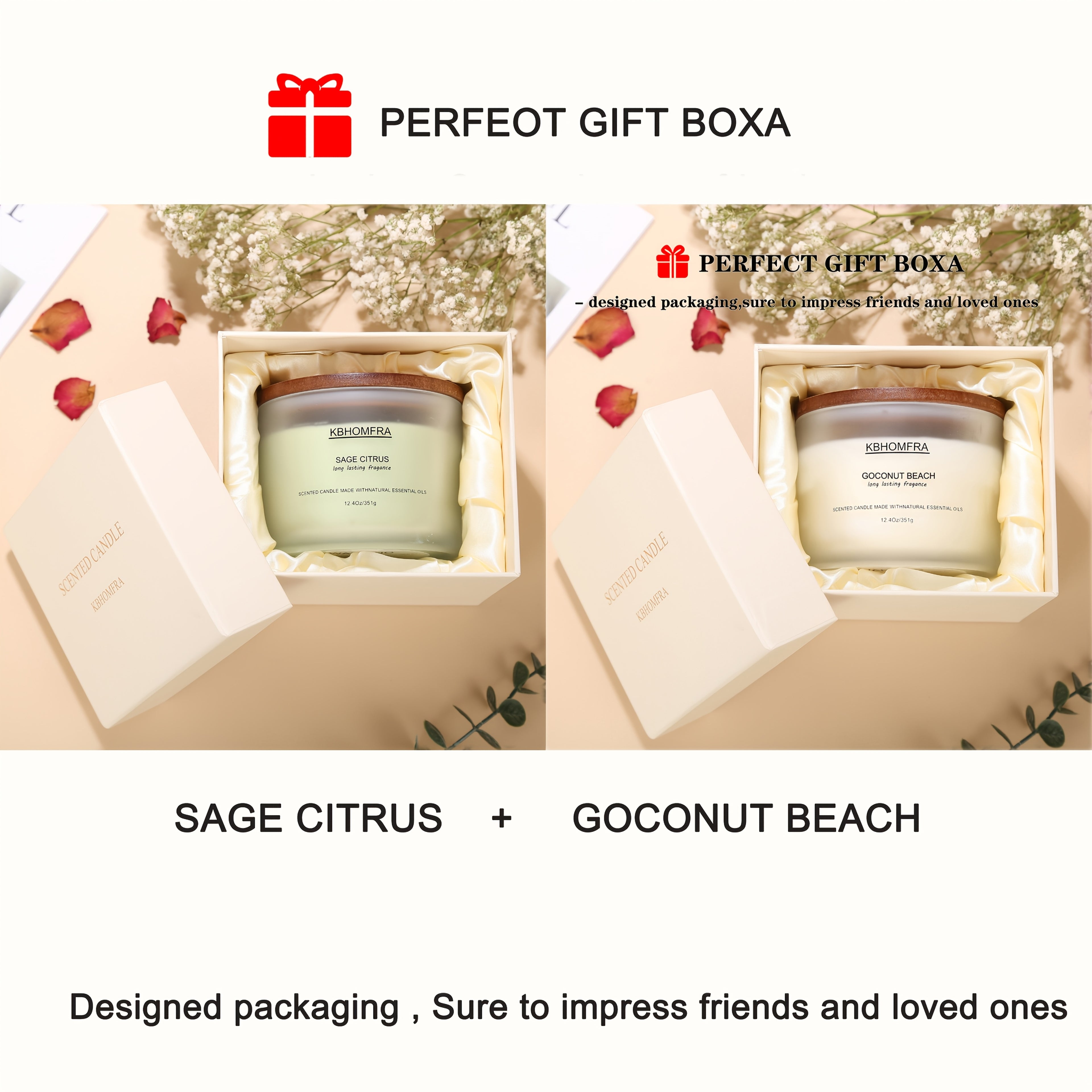 2Pack KBHOMFRA Scented Candle for Home, Coconut Jasmine Lavender Essential Oils Fragrant, Soy Wax 12.4Oz Large Capacity, 3-Wick 70 Hours Burn, for Festival Luxury Gift, Sleep Relaxation Ambience