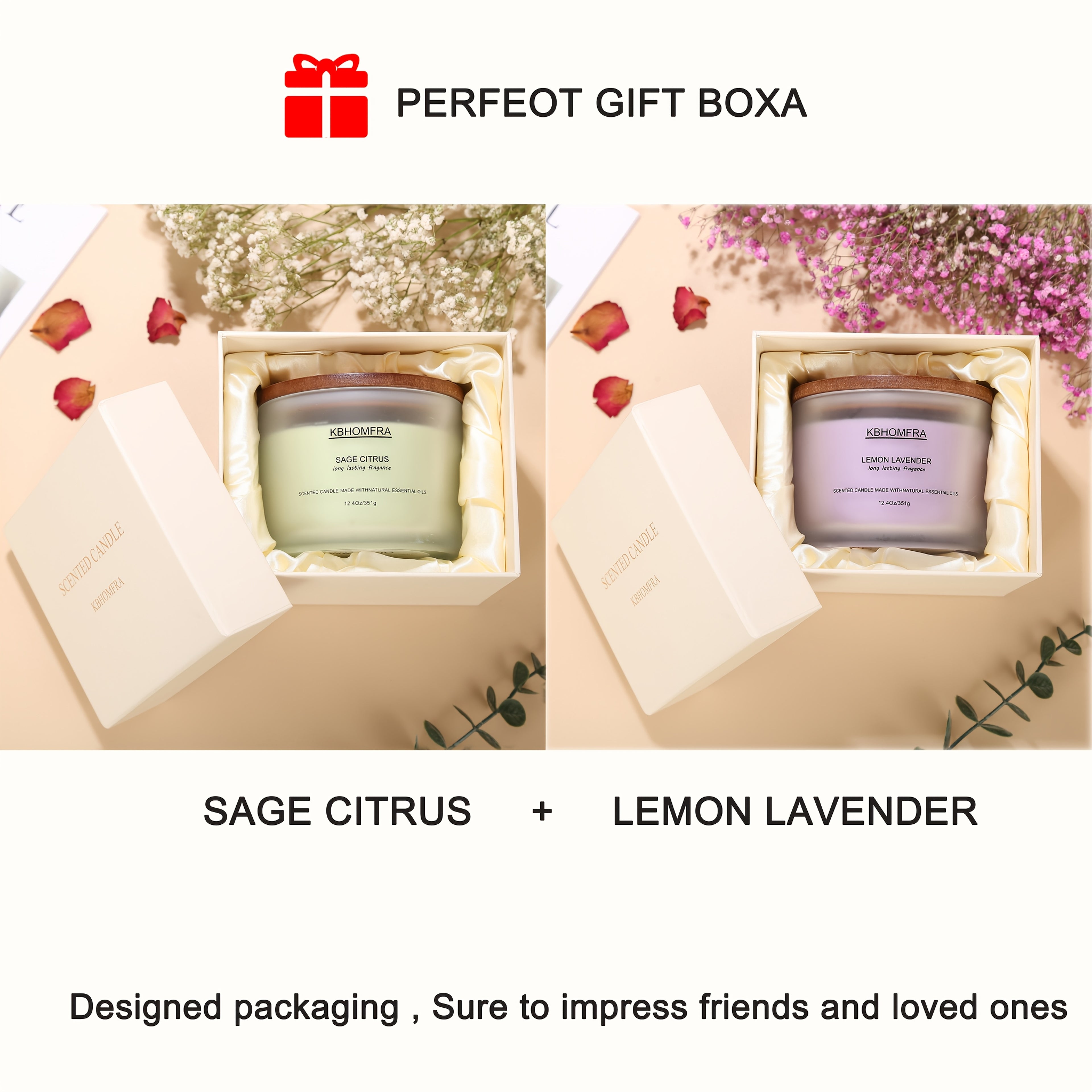 2Pack KBHOMFRA Scented Candle for Home, Coconut Jasmine Lavender Essential Oils Fragrant, Soy Wax 12.4Oz Large Capacity, 3-Wick 70 Hours Burn, for Festival Luxury Gift, Sleep Relaxation Ambience
