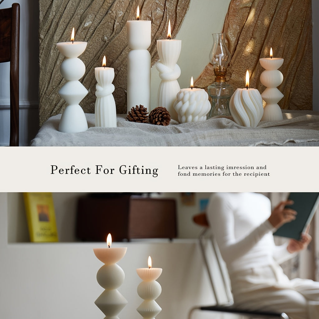 7-Pack Large Ribbed Pillar Candles - Soy Wax Handmade Home Decor Candles For Housewarming Gift, Shelf Decor, Wedding, Dining Table Centerpiece