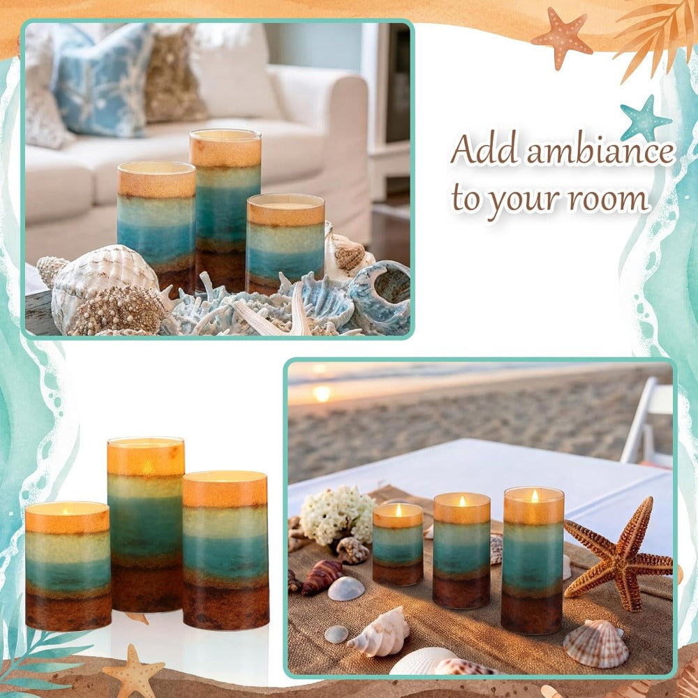 3pcs Summer Ocean Flameless Candles, Teal Beach LED Pillar Candles, Battery Operated with Remote, Coastal Nautical Flickering Holiday Decorations & Gifts