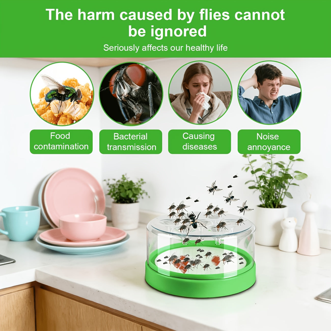 Non-Toxic Reusable Flying Insect Trap Cage with 7 Trapping Holes, Transparent Top And Green Base - No Electricity Or Battery Needed - Safe And Effective for Home And Garden Pest Control - Traps Wasps, Flies, Insects - Durable Plastic