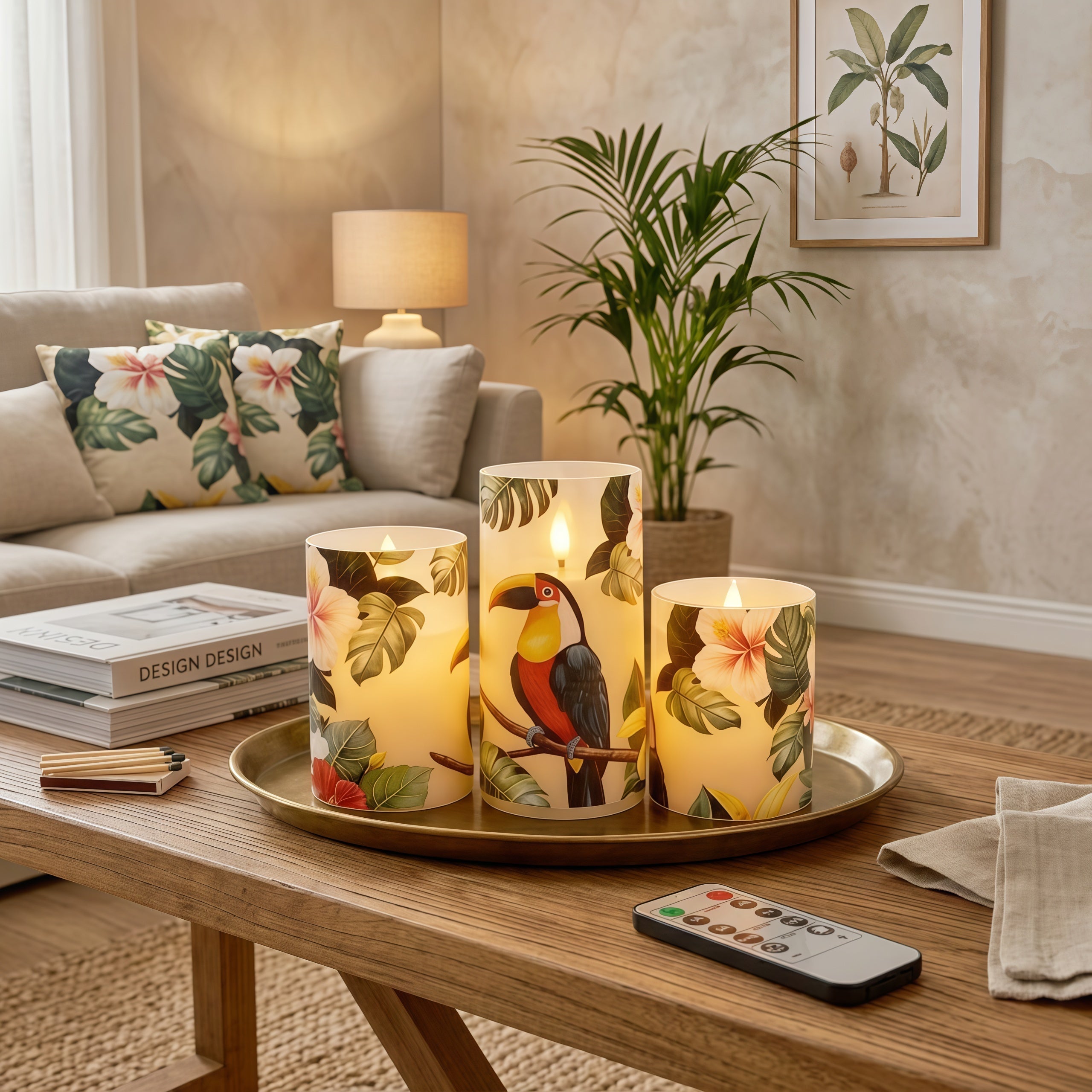 4pcs of LED Candles(3pcs Tropical Themed LED Flameless Candles+1pc Remote Control), Toucan Floral Print LED Candles, with Remote Control, Timer Function, Realistic Flickering Effect, for Bedroom, Bathroom, Table Centerpiece, Perfect Gifts