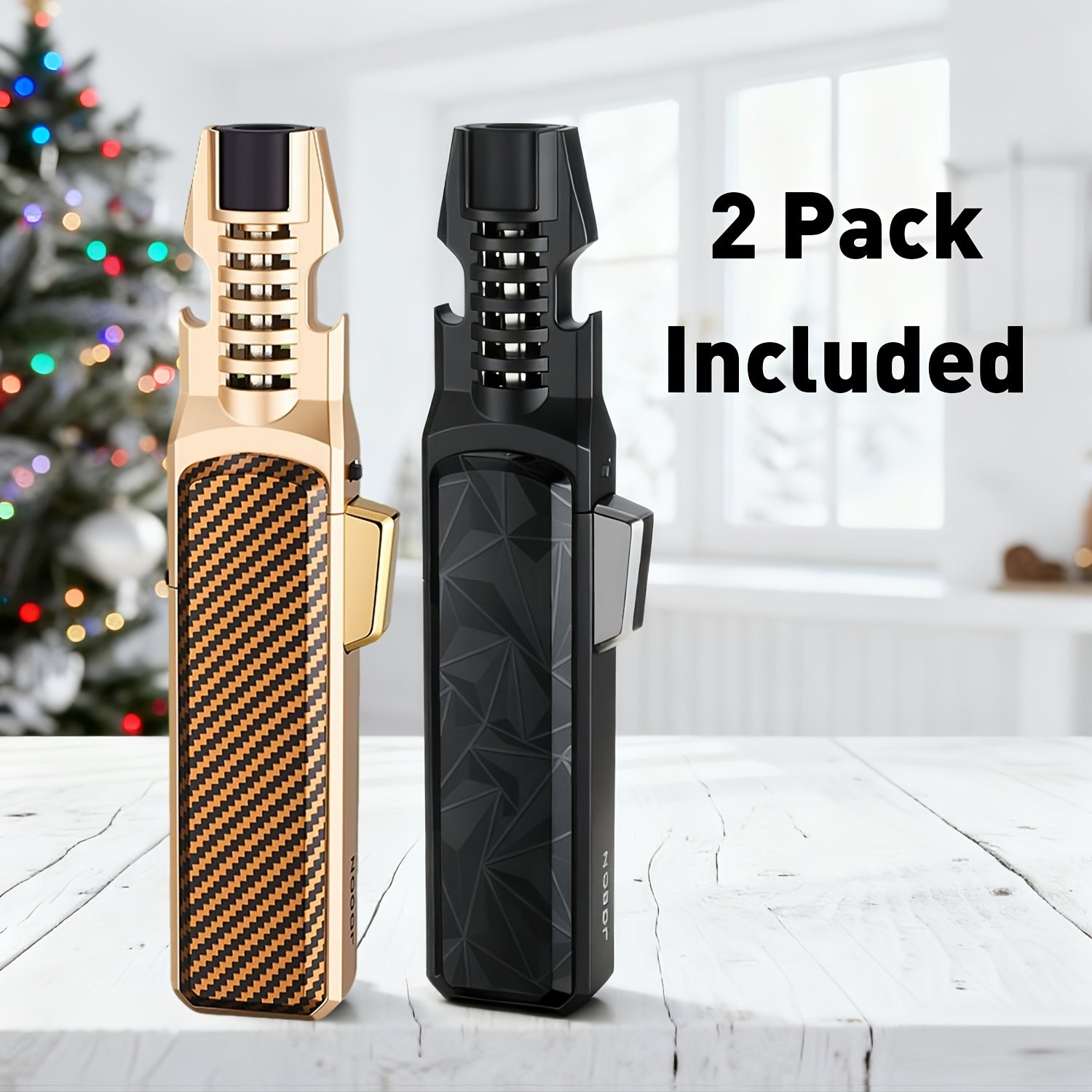 2 PackZinc Alloy Windproof Refillable Butane Jet Adjustable Blue Flame Lighter, Polished 2-in-1 Design with Opener And Safety Lock for Home Candles, Kitchen, Camping BBQ, Thoughtful Present for Men On Father's Day(No Butane Fuel Included)