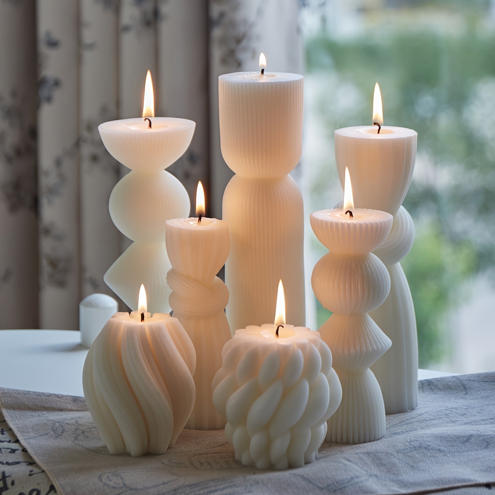 7-Pack Large Ribbed Pillar Candles - Soy Wax Handmade Home Decor Candles For Housewarming Gift, Shelf Decor, Wedding, Dining Table Centerpiece