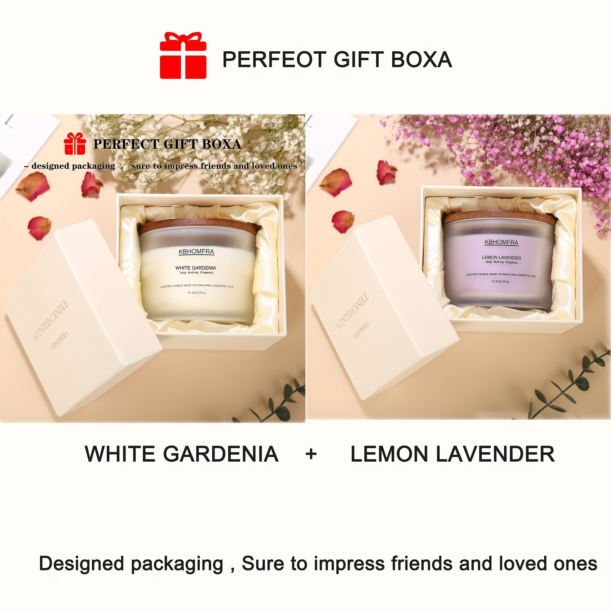 2Pack KBHOMFRA Scented Candle for Home, Coconut Jasmine Lavender Essential Oils Fragrant, Soy Wax 12.4Oz Large Capacity, 3-Wick 70 Hours Burn, for Festival Luxury Gift, Sleep Relaxation Ambience