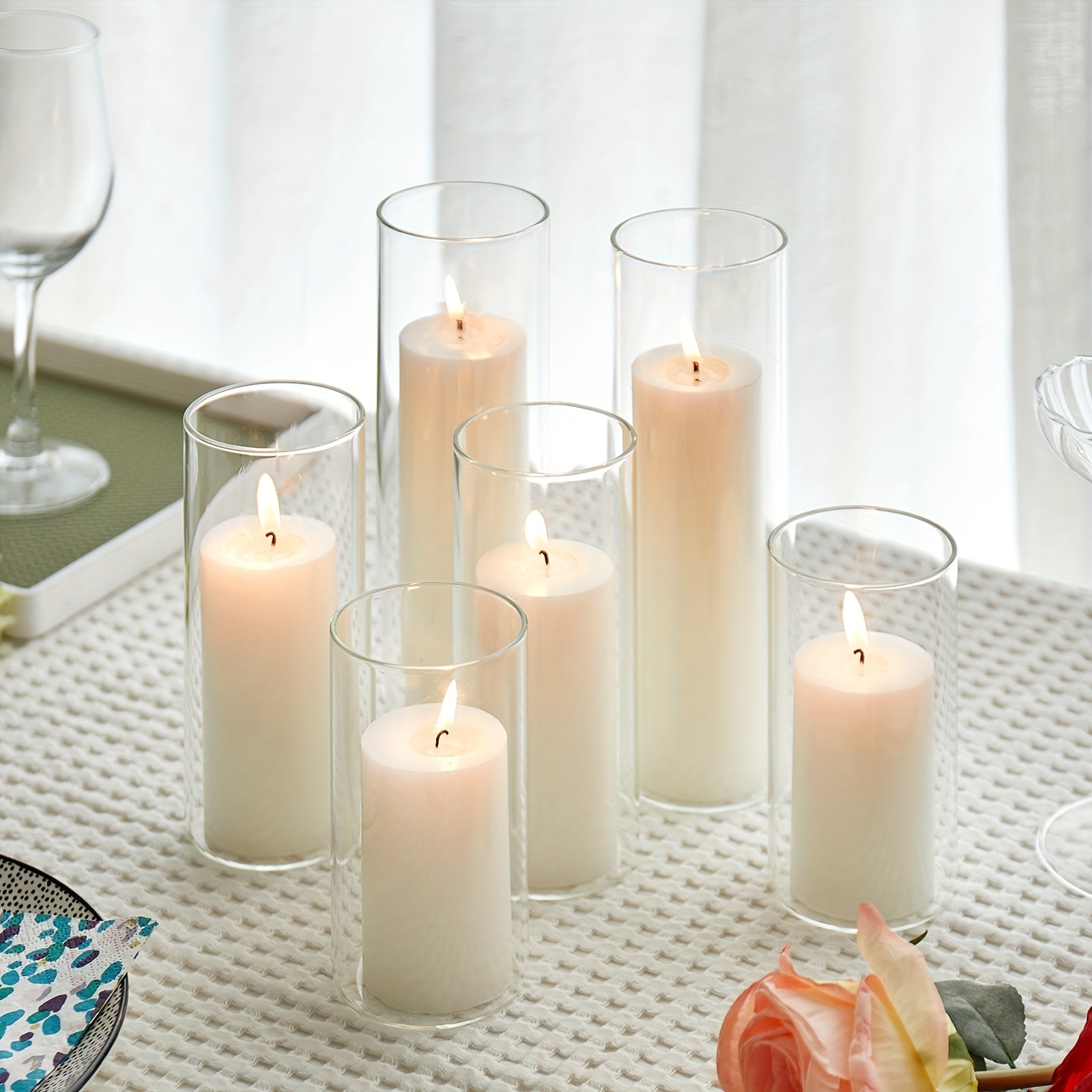 White Pillar Candles with Clear Glass Hurricane Holders- Elegant Cylinder Candle Vases for Weddings, Parties, Centerpieces, Home & Office Decor