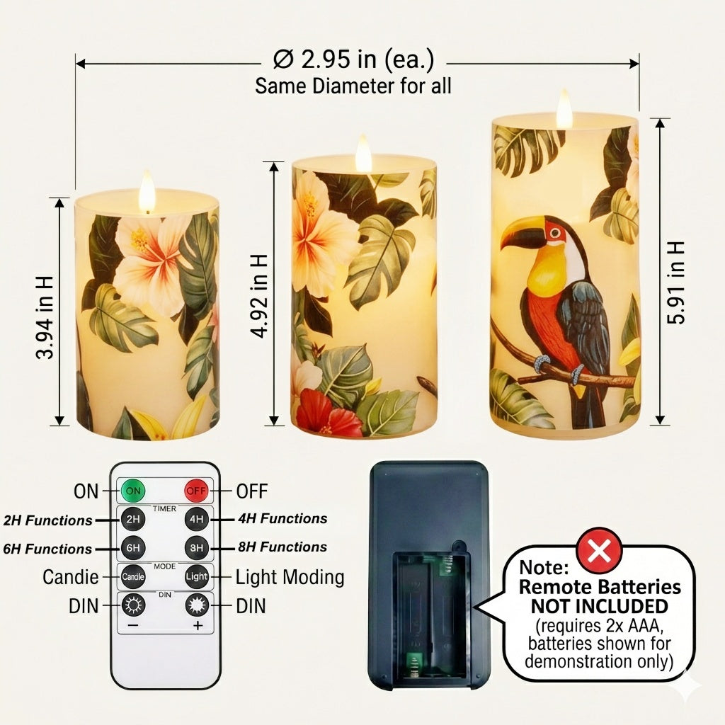 4pcs of LED Candles(3pcs Tropical Themed LED Flameless Candles+1pc Remote Control), Toucan Floral Print LED Candles, with Remote Control, Timer Function, Realistic Flickering Effect, for Bedroom, Bathroom, Table Centerpiece, Perfect Gifts