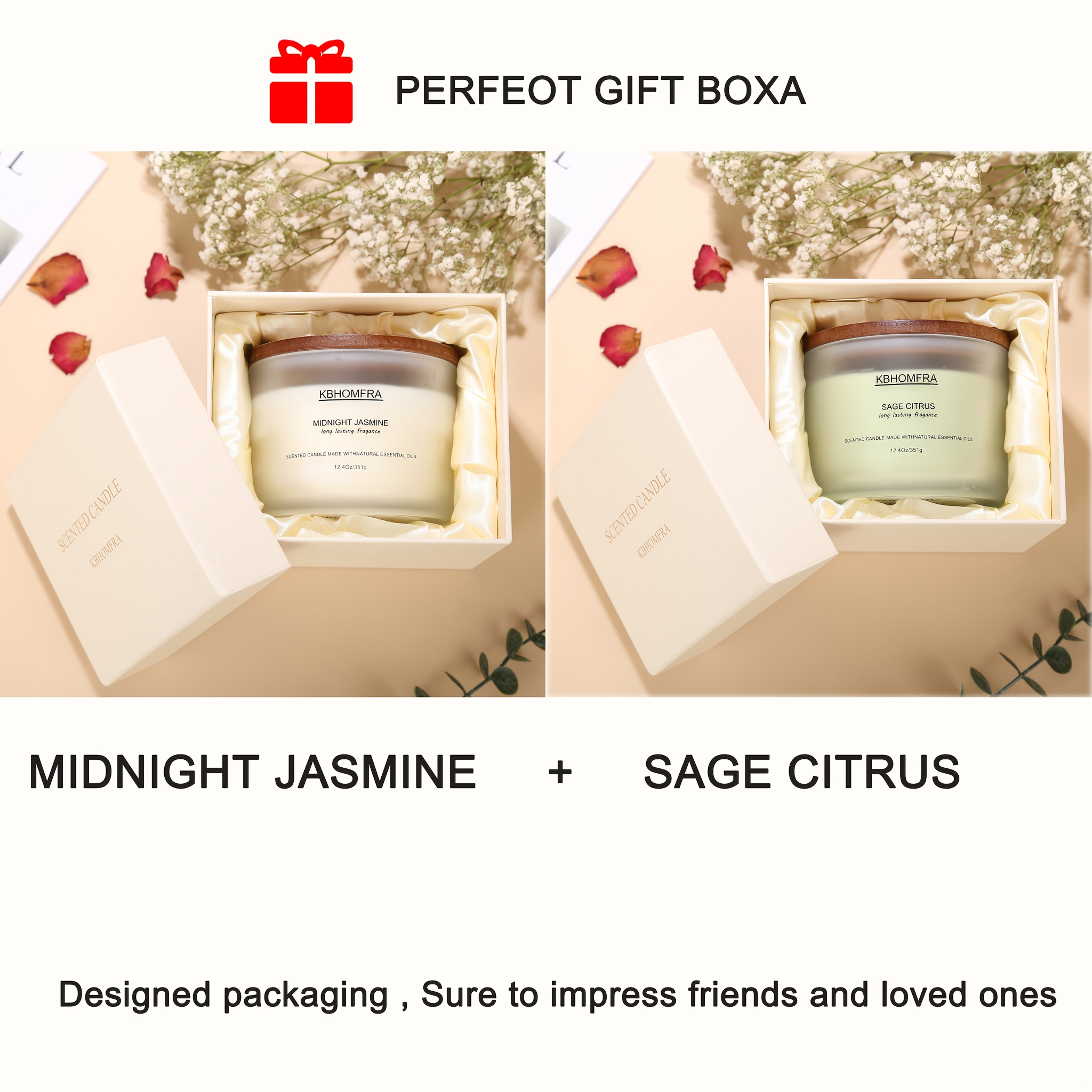 2Pack KBHOMFRA Scented Candle for Home, Coconut Jasmine Lavender Essential Oils Fragrant, Soy Wax 12.4Oz Large Capacity, 3-Wick 70 Hours Burn, for Festival Luxury Gift, Sleep Relaxation Ambience