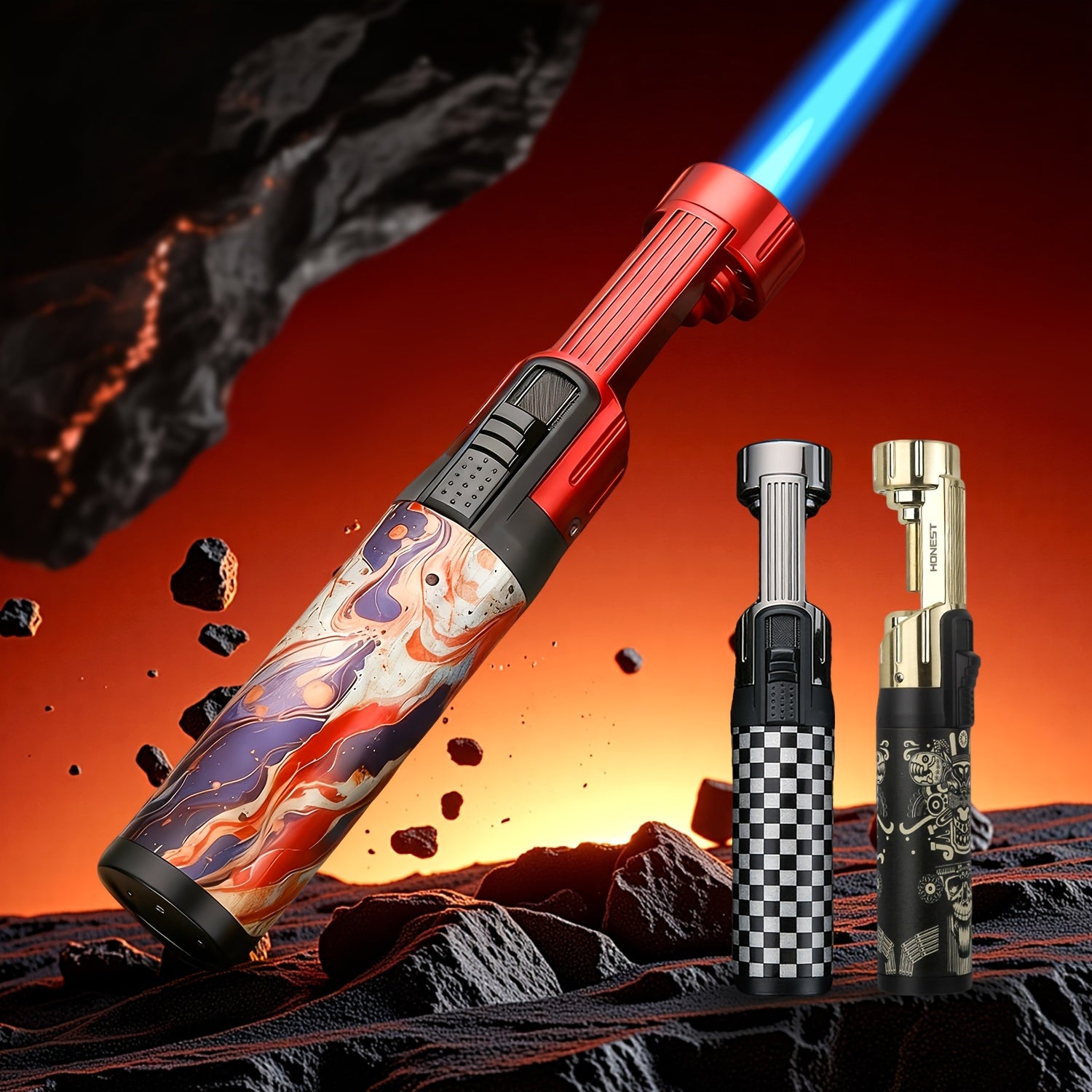 Large Tube Zinc Alloy Windproof Refillable Butane Jet Torch Lighter with Colorful Pattern, Powerful Polished End Adjustable Blue Flame for Candles, Camping And Barbecue, Ideal Present for Father'S Day, Birthday And Holiday (No Butane Included)