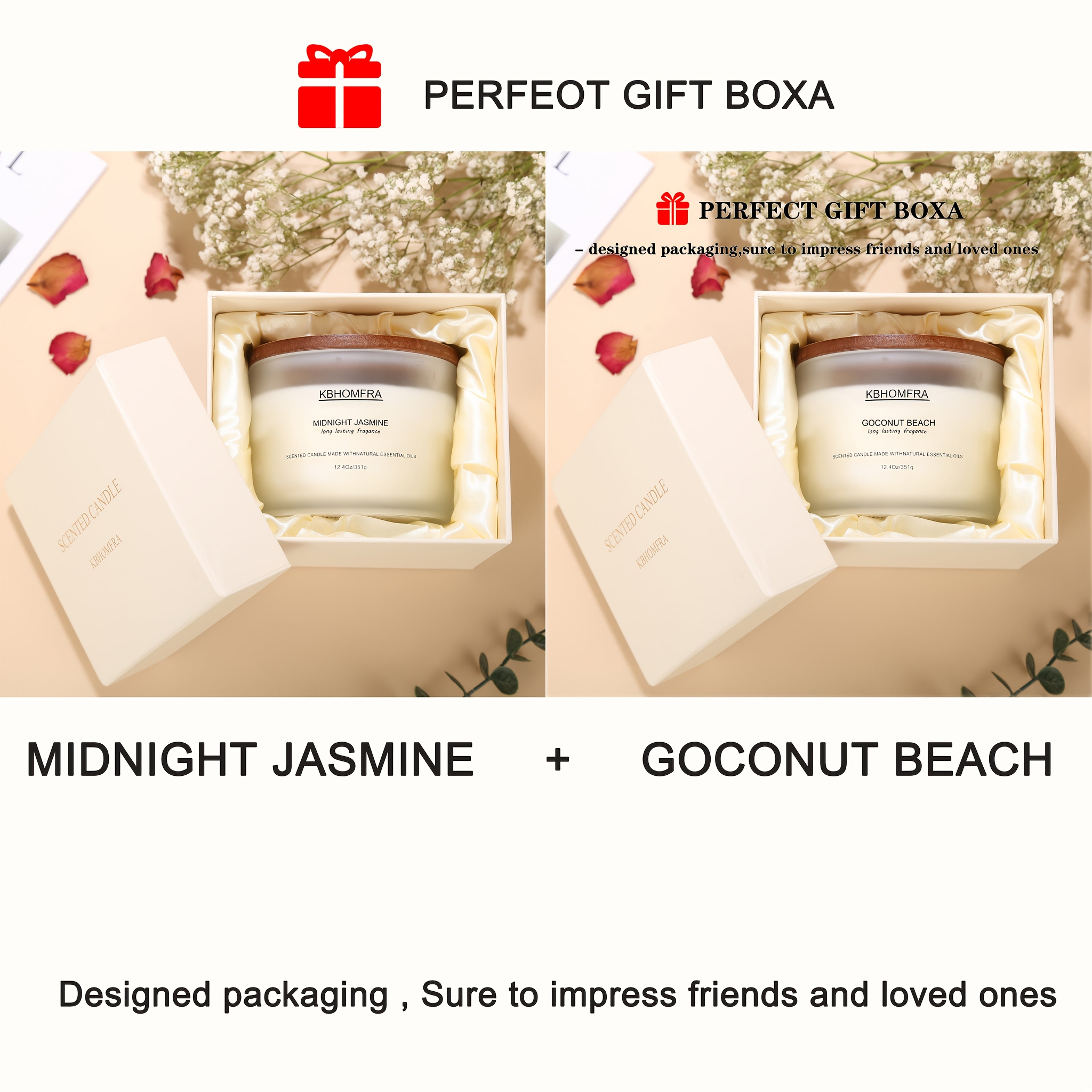 2Pack KBHOMFRA Scented Candle for Home, Coconut Jasmine Lavender Essential Oils Fragrant, Soy Wax 12.4Oz Large Capacity, 3-Wick 70 Hours Burn, for Festival Luxury Gift, Sleep Relaxation Ambience
