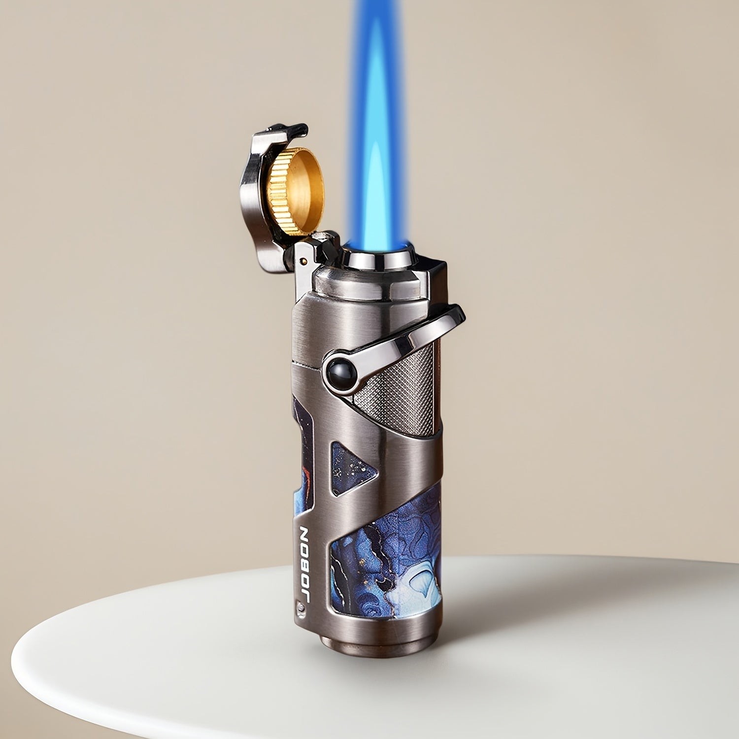 3-in-1 Zinc Alloy Windproof Refillable Butane Jet Torch Lighter, Advanced Technology Lines Design Protective Lid, Powerful Blue Flame, Built-in Punch And Draw Enhancer for Camping, BBQ And Candle for Father's Day And Birthday(Butane Not Included)