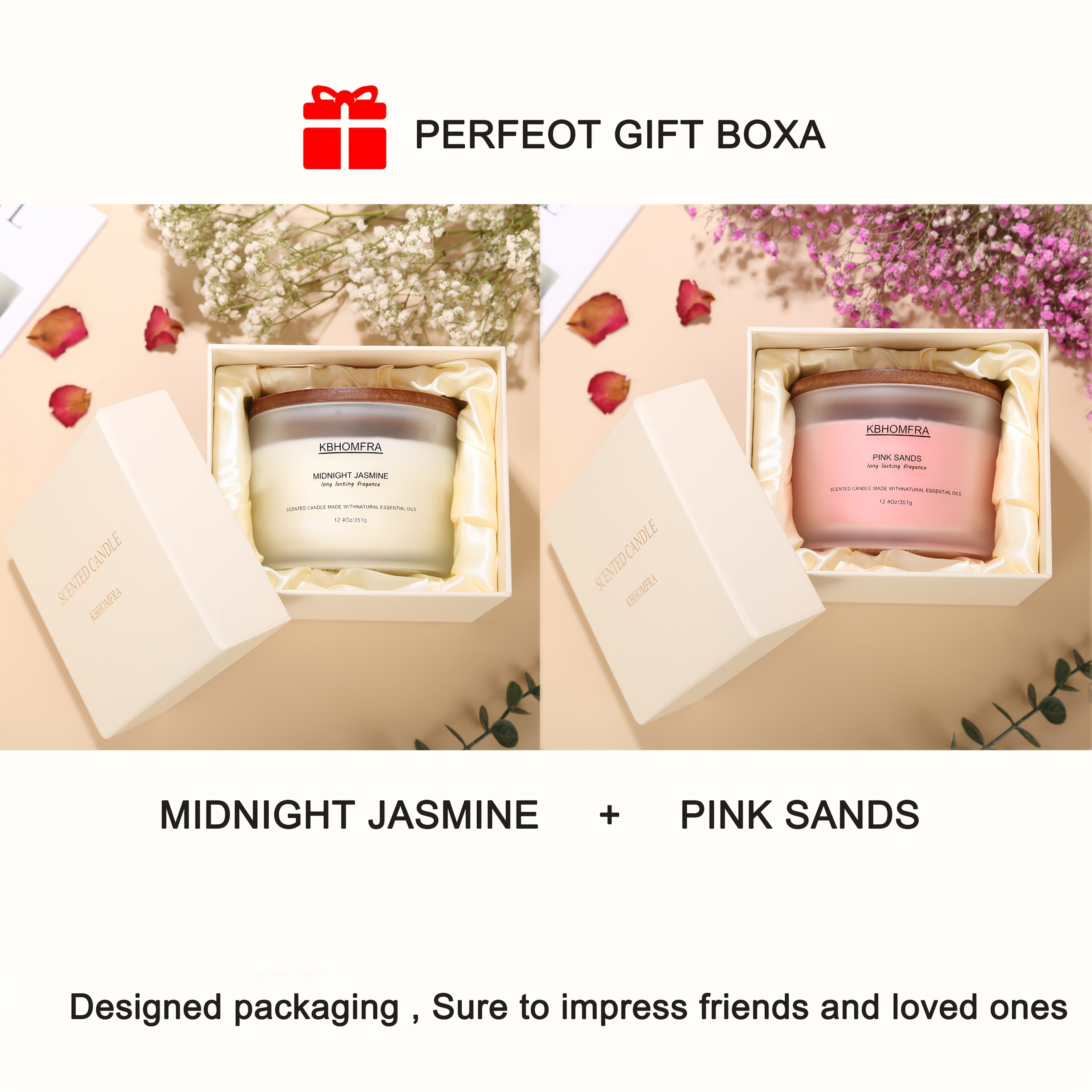 2Pack KBHOMFRA Scented Candle for Home, Coconut Jasmine Lavender Essential Oils Fragrant, Soy Wax 12.4Oz Large Capacity, 3-Wick 70 Hours Burn, for Festival Luxury Gift, Sleep Relaxation Ambience