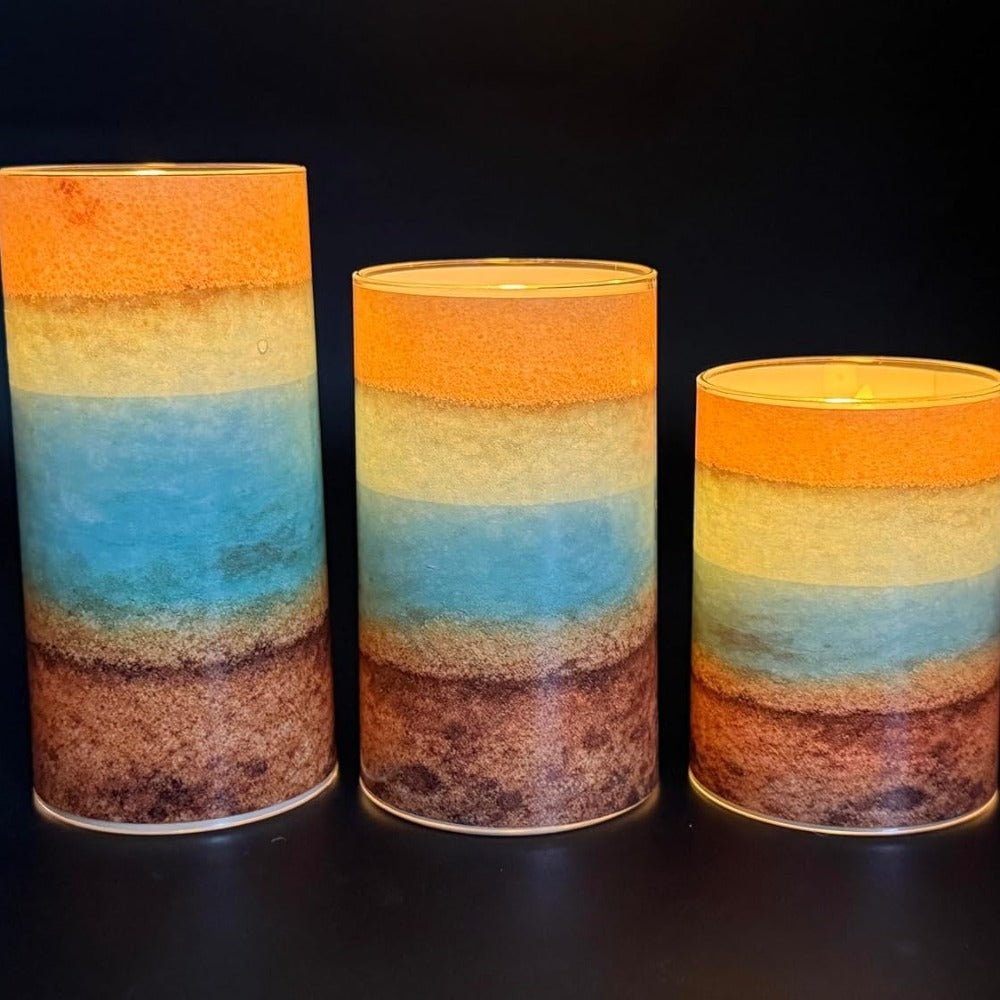 3pcs Summer Ocean Flameless Candles, Teal Beach LED Pillar Candles, Battery Operated with Remote, Coastal Nautical Flickering Holiday Decorations & Gifts