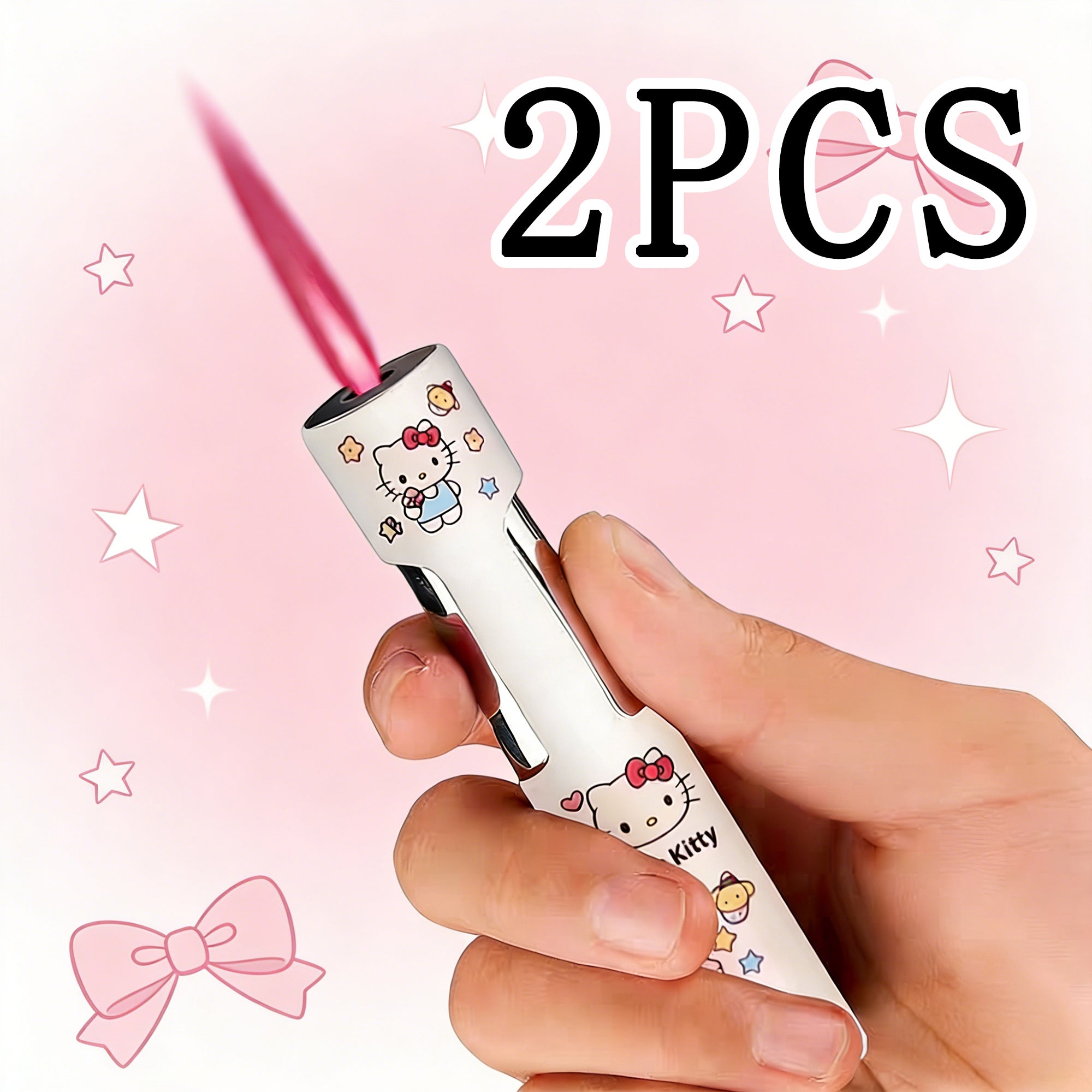 2pcs Sanrio Kuromi And Hello Kitty Cylindrical Lighter, Windproof Refillable Pink Flame Lighter, Cute Cartoon Mini Push Ignition Lighter, Portable Gift for Women And Girls (Butane Gas Not Included)
