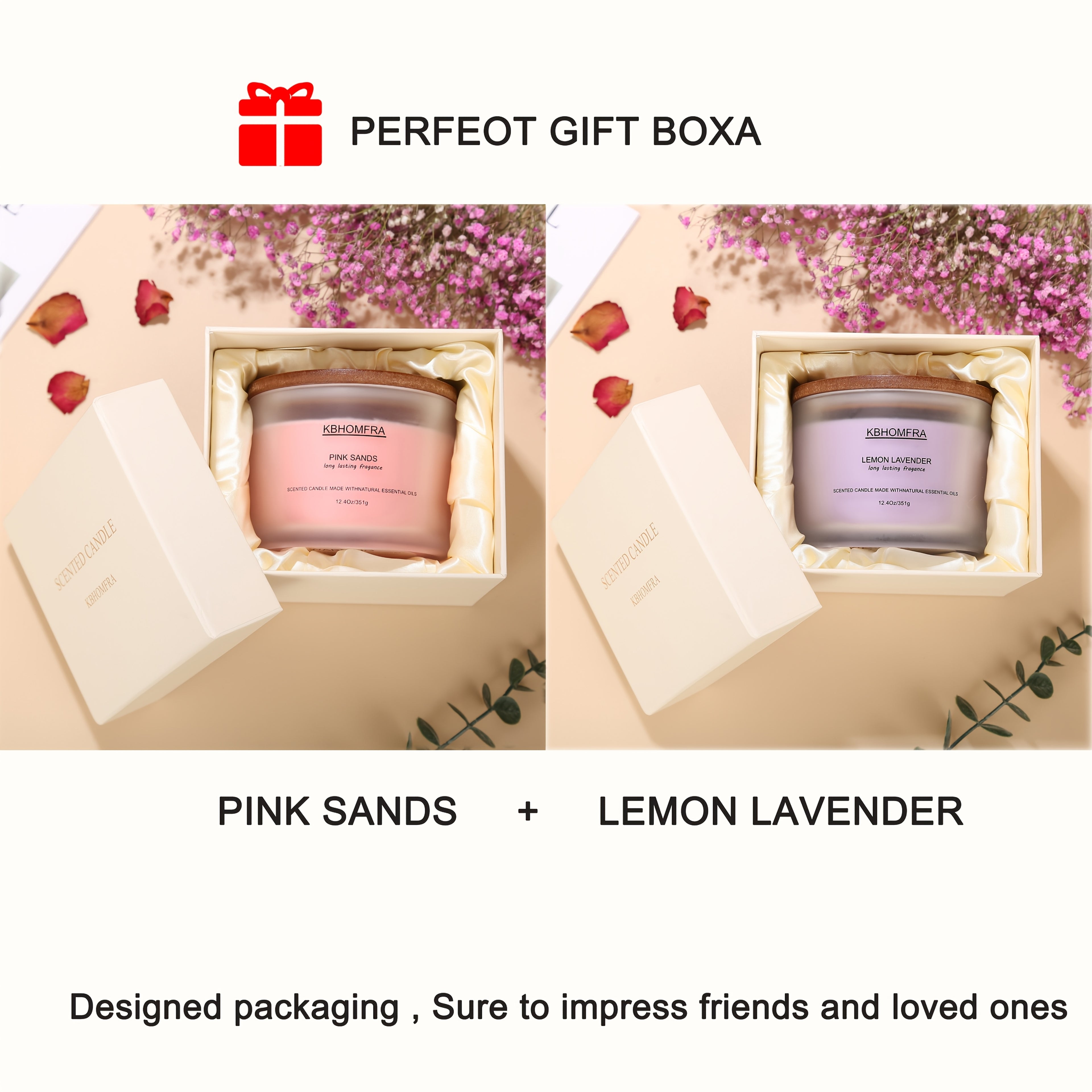 2Pack KBHOMFRA Scented Candle for Home, Coconut Jasmine Lavender Essential Oils Fragrant, Soy Wax 12.4Oz Large Capacity, 3-Wick 70 Hours Burn, for Festival Luxury Gift, Sleep Relaxation Ambience
