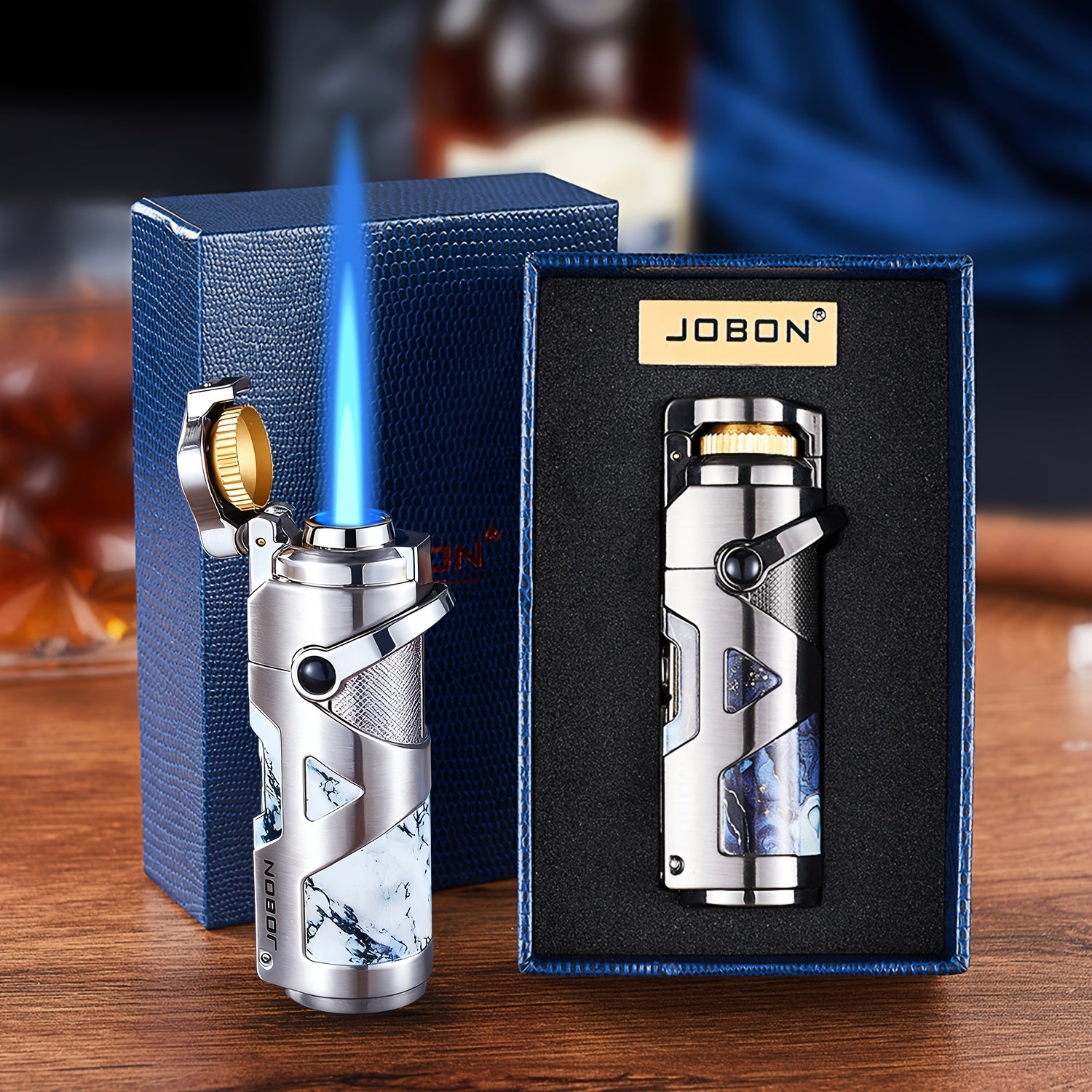 3-in-1 Zinc Alloy Windproof Refillable Butane Jet Torch Lighter, Advanced Technology Lines Design Protective Lid, Powerful Blue Flame, Built-in Punch And Draw Enhancer for Camping, BBQ And Candle for Father's Day And Birthday(Butane Not Included)