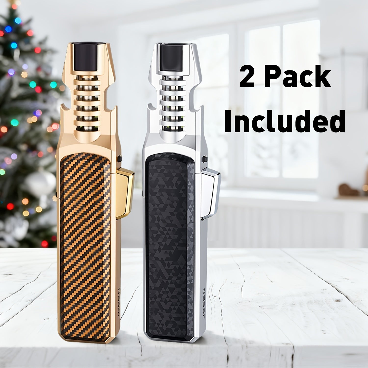 2 PackZinc Alloy Windproof Refillable Butane Jet Adjustable Blue Flame Lighter, Polished 2-in-1 Design with Opener And Safety Lock for Home Candles, Kitchen, Camping BBQ, Thoughtful Present for Men On Father's Day(No Butane Fuel Included)