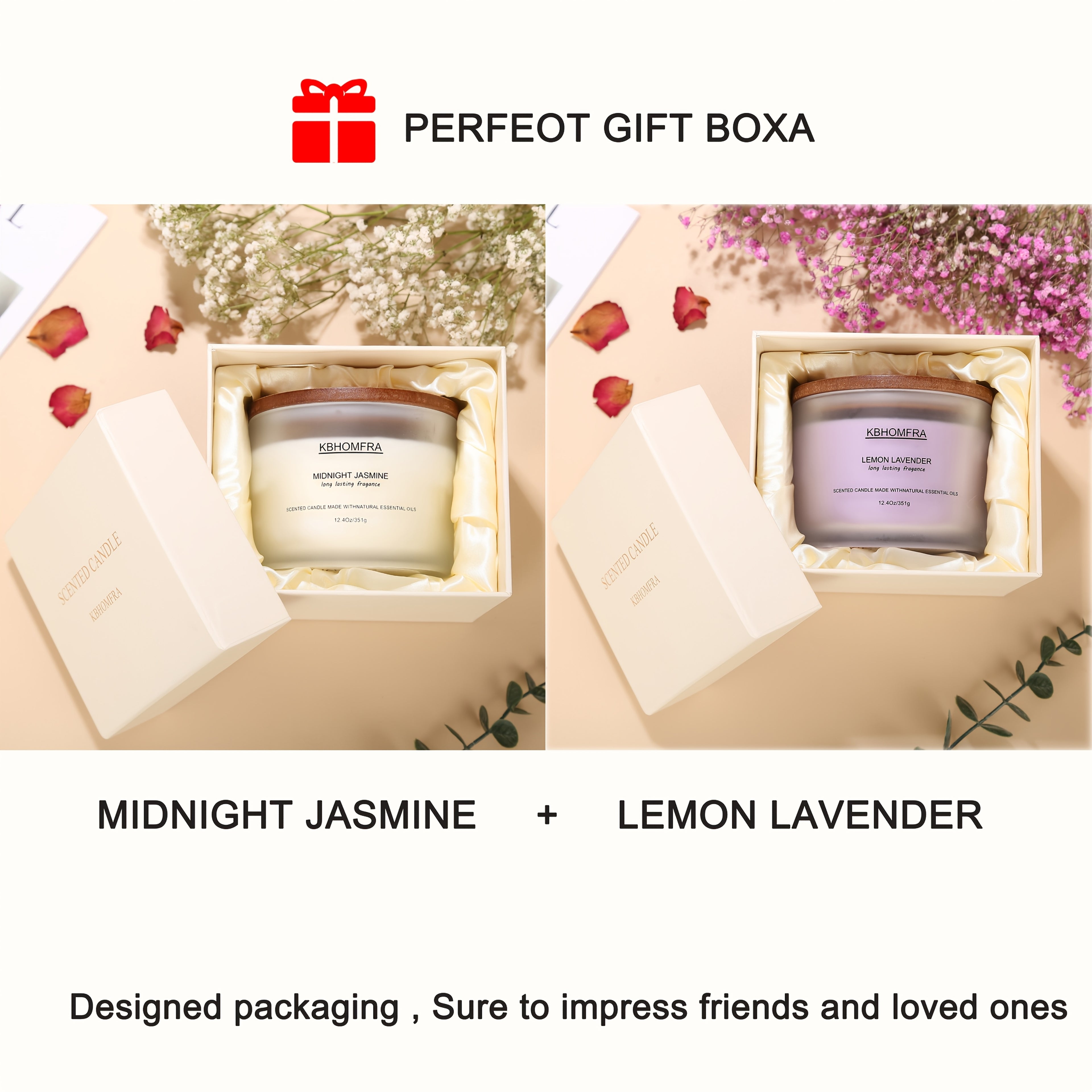 2Pack KBHOMFRA Scented Candle for Home, Coconut Jasmine Lavender Essential Oils Fragrant, Soy Wax 12.4Oz Large Capacity, 3-Wick 70 Hours Burn, for Festival Luxury Gift, Sleep Relaxation Ambience