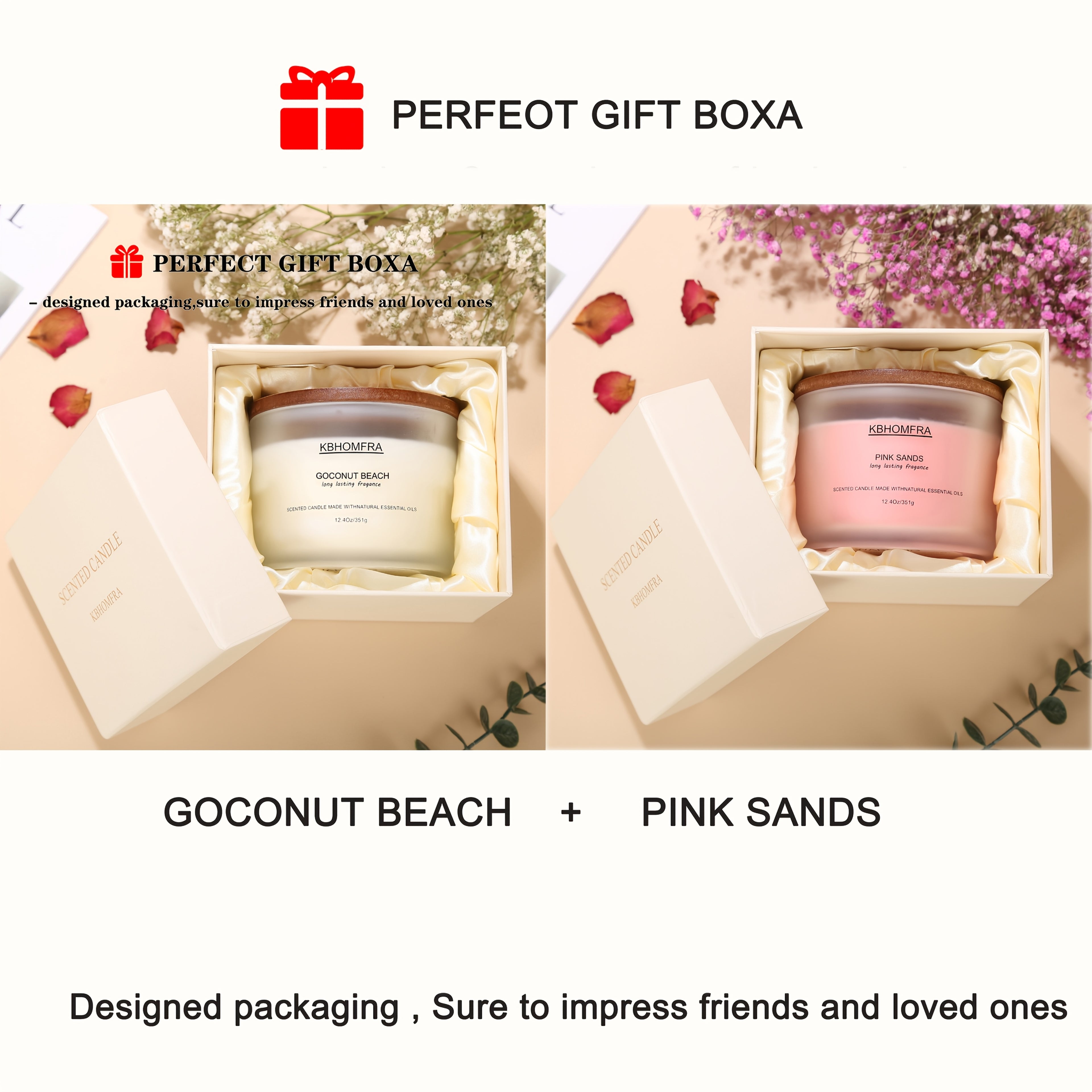 2Pack KBHOMFRA Scented Candle for Home, Coconut Jasmine Lavender Essential Oils Fragrant, Soy Wax 12.4Oz Large Capacity, 3-Wick 70 Hours Burn, for Festival Luxury Gift, Sleep Relaxation Ambience