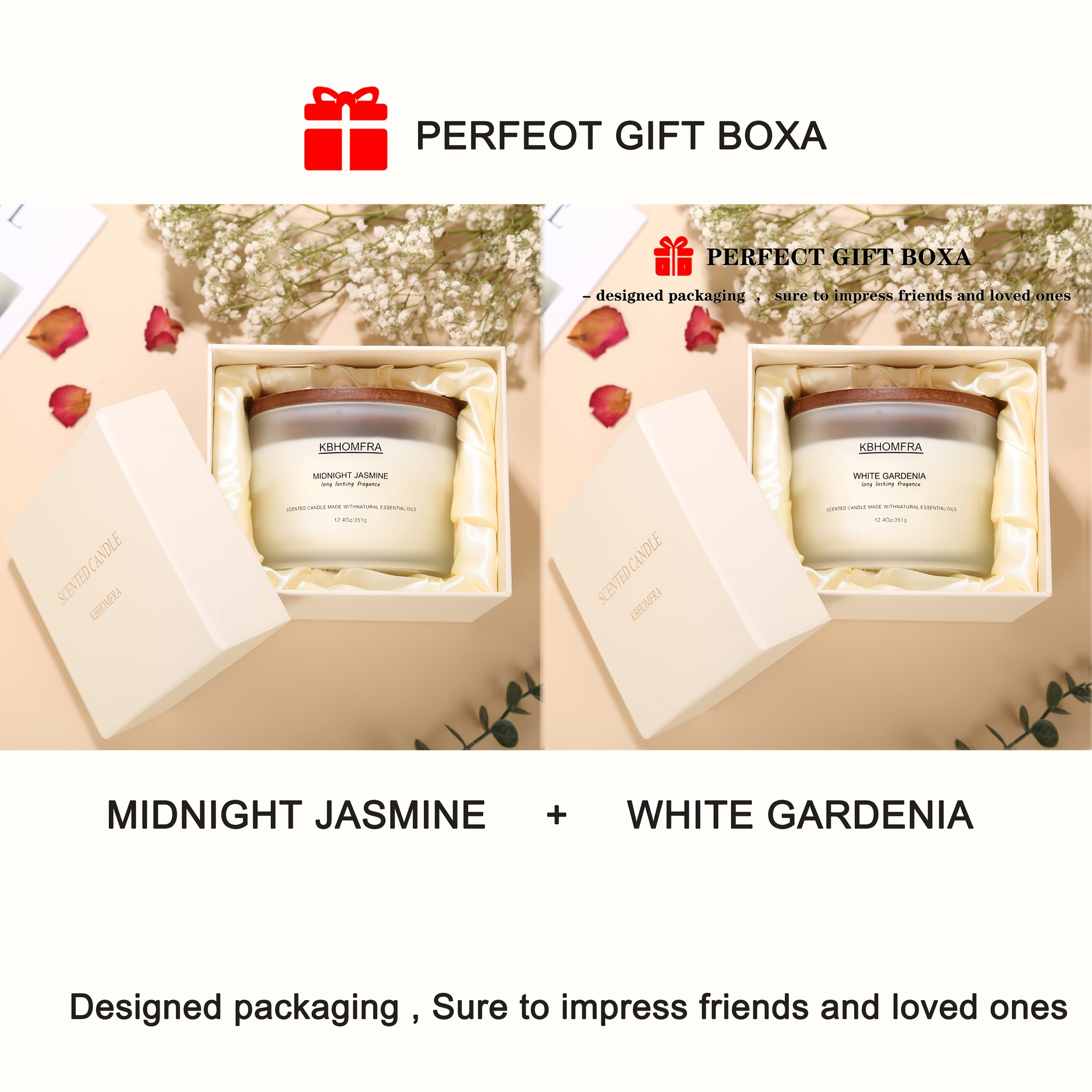 2Pack KBHOMFRA Scented Candle for Home, Coconut Jasmine Lavender Essential Oils Fragrant, Soy Wax 12.4Oz Large Capacity, 3-Wick 70 Hours Burn, for Festival Luxury Gift, Sleep Relaxation Ambience