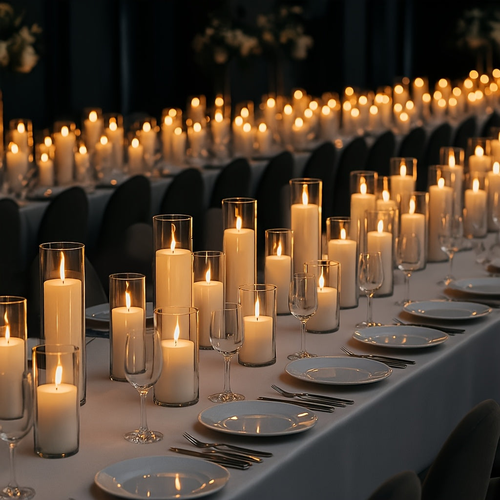 White Pillar Candles with Clear Glass Hurricane Holders- Elegant Cylinder Candle Vases for Weddings, Parties, Centerpieces, Home & Office Decor
