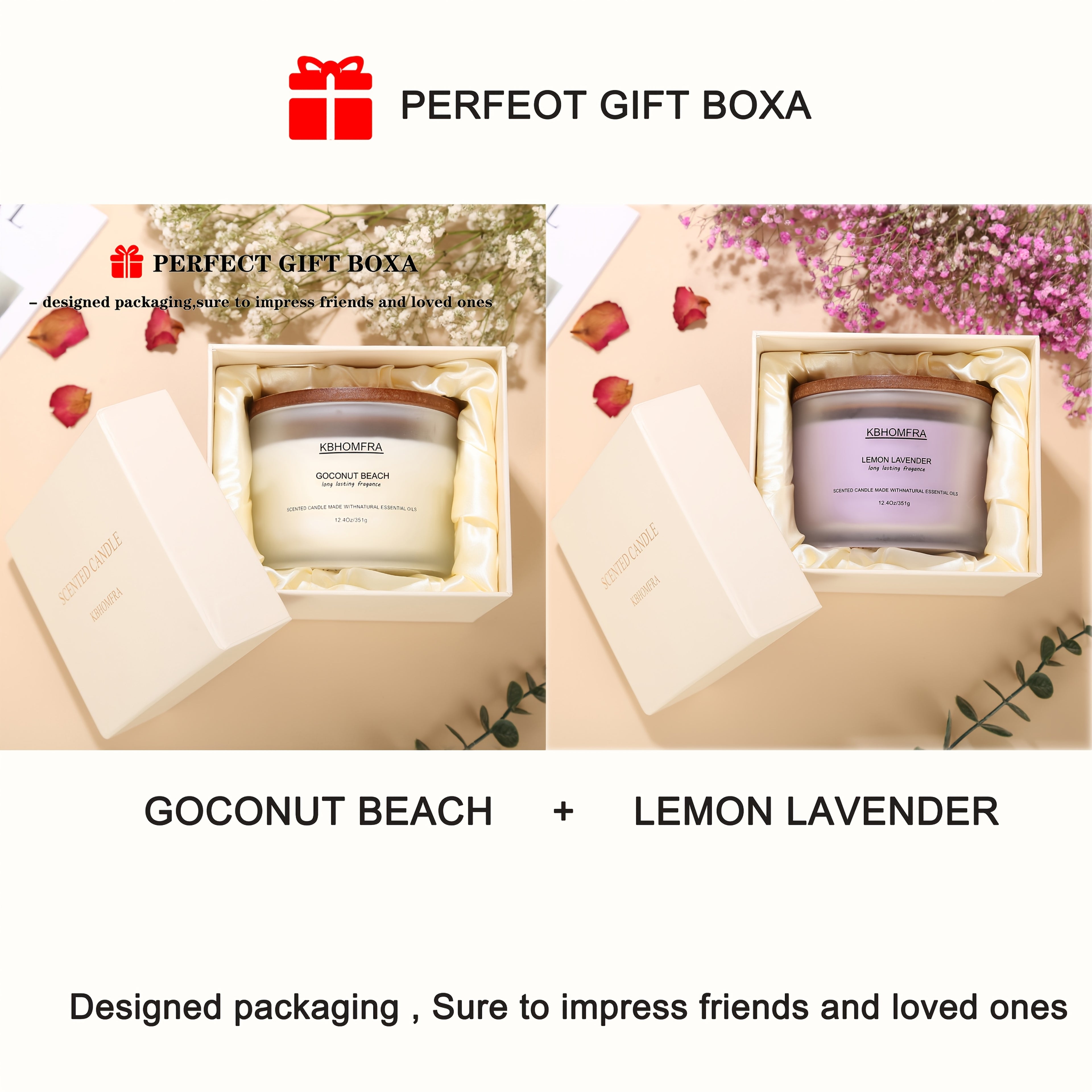 2Pack KBHOMFRA Scented Candle for Home, Coconut Jasmine Lavender Essential Oils Fragrant, Soy Wax 12.4Oz Large Capacity, 3-Wick 70 Hours Burn, for Festival Luxury Gift, Sleep Relaxation Ambience