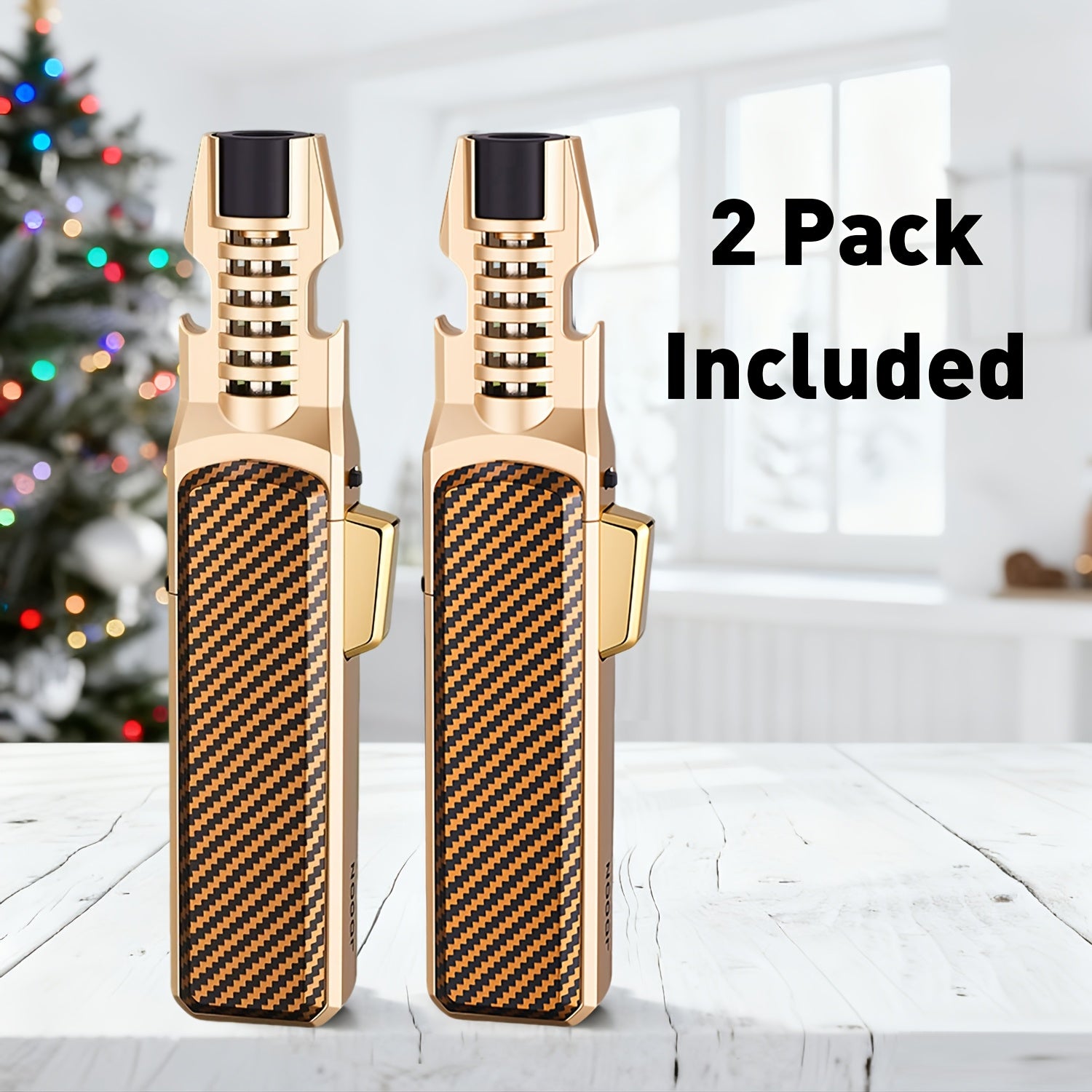 2 PackZinc Alloy Windproof Refillable Butane Jet Adjustable Blue Flame Lighter, Polished 2-in-1 Design with Opener And Safety Lock for Home Candles, Kitchen, Camping BBQ, Thoughtful Present for Men On Father's Day(No Butane Fuel Included)