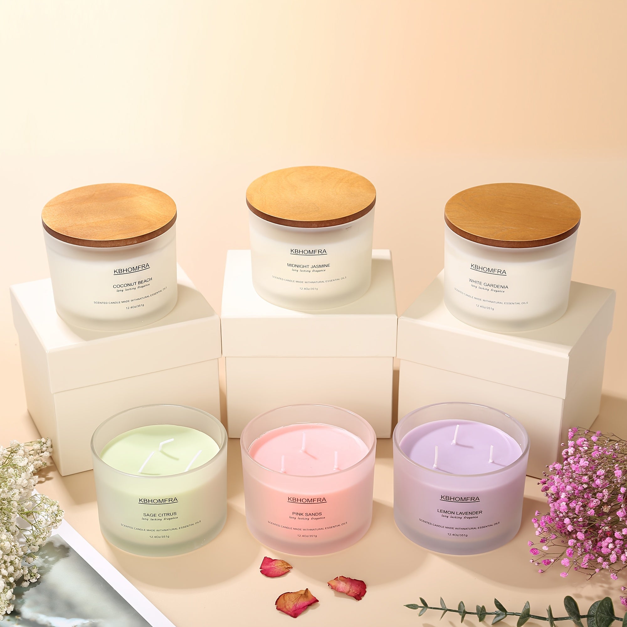 2Pack KBHOMFRA Scented Candle for Home, Coconut Jasmine Lavender Essential Oils Fragrant, Soy Wax 12.4Oz Large Capacity, 3-Wick 70 Hours Burn, for Festival Luxury Gift, Sleep Relaxation Ambience