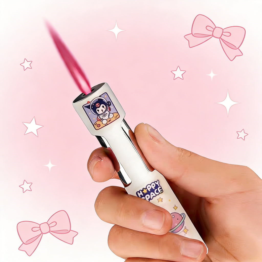 2pcs Sanrio Kuromi And Hello Kitty Cylindrical Lighter, Windproof Refillable Pink Flame Lighter, Cute Cartoon Mini Push Ignition Lighter, Portable Gift for Women And Girls (Butane Gas Not Included)