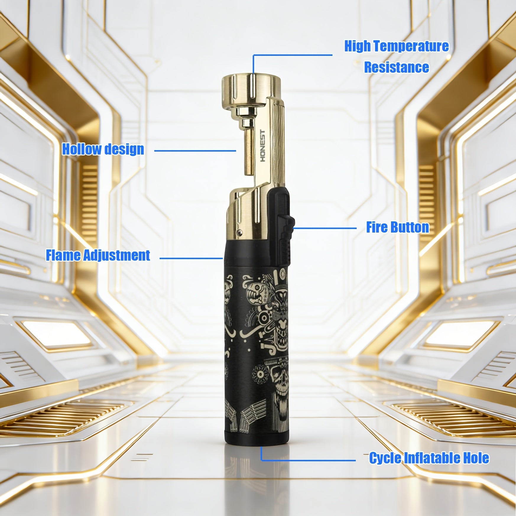 Large Tube Zinc Alloy Windproof Refillable Butane Jet Torch Lighter with Colorful Pattern, Powerful Polished End Adjustable Blue Flame for Candles, Camping And Barbecue, Ideal Present for Father'S Day, Birthday And Holiday (No Butane Included)
