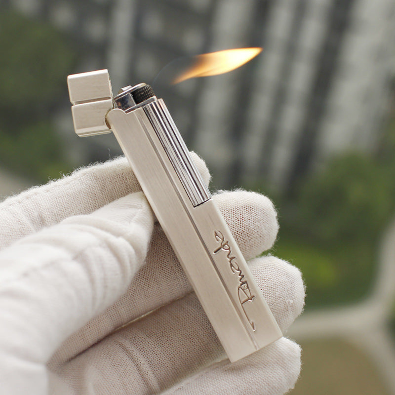 Ladies' Grinding Wheel Side Sliding Open Flame Lighter Silvery Brushed High-end Long Strip Inflatable Lighter - Reusable Inflatable Lighter with Adjustable Flame Size, Compact and Comfortable, Holiday Gift (excluding Butane Gas)