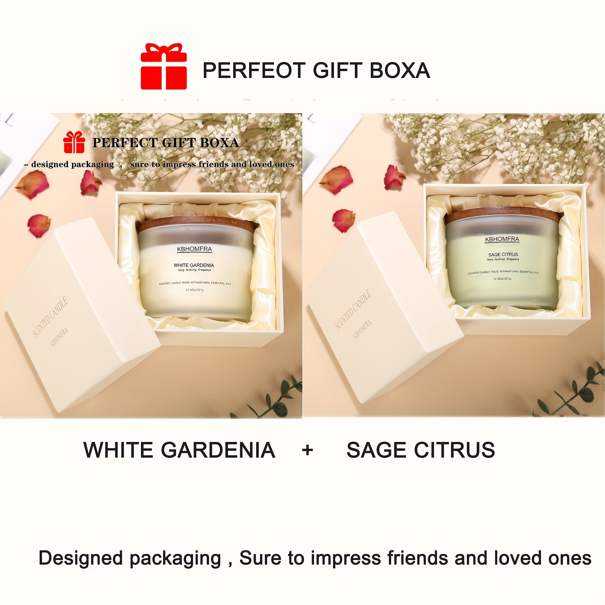 2Pack KBHOMFRA Scented Candle for Home, Coconut Jasmine Lavender Essential Oils Fragrant, Soy Wax 12.4Oz Large Capacity, 3-Wick 70 Hours Burn, for Festival Luxury Gift, Sleep Relaxation Ambience