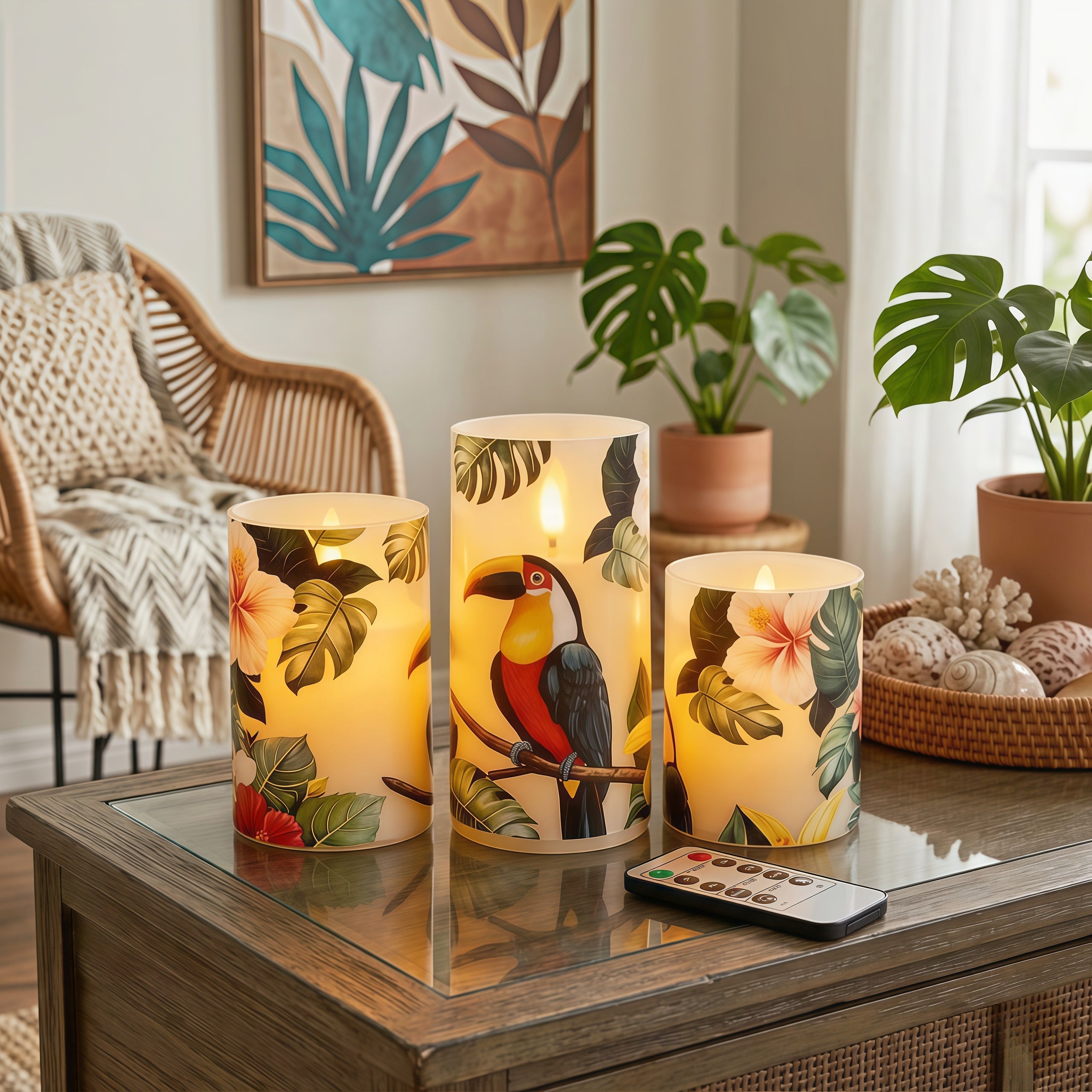 4pcs of LED Candles(3pcs Tropical Themed LED Flameless Candles+1pc Remote Control), Toucan Floral Print LED Candles, with Remote Control, Timer Function, Realistic Flickering Effect, for Bedroom, Bathroom, Table Centerpiece, Perfect Gifts