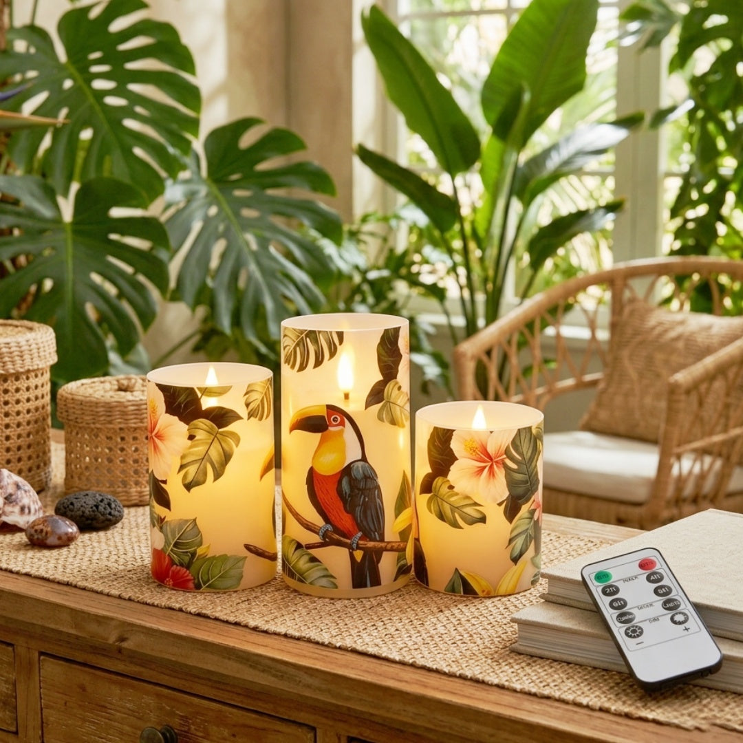 4pcs of LED Candles(3pcs Tropical Themed LED Flameless Candles+1pc Remote Control), Toucan Floral Print LED Candles, with Remote Control, Timer Function, Realistic Flickering Effect, for Bedroom, Bathroom, Table Centerpiece, Perfect Gifts