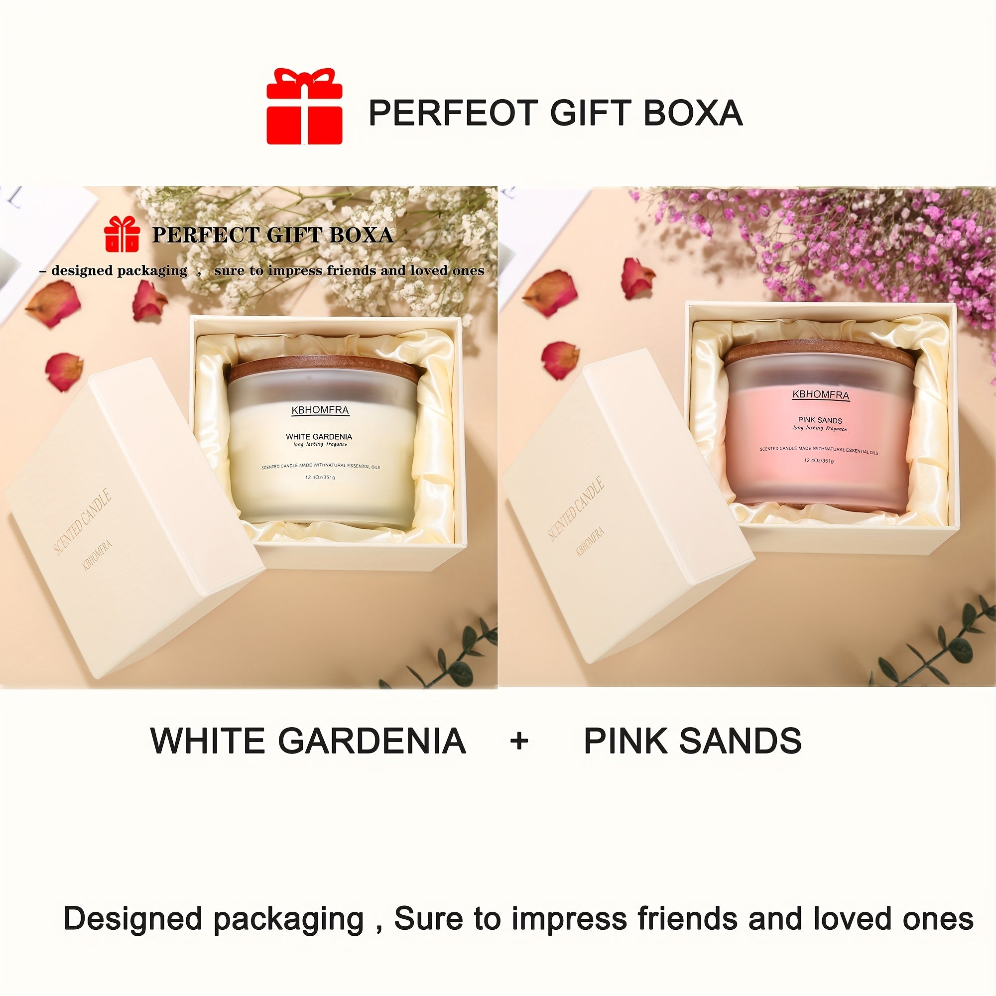 2Pack KBHOMFRA Scented Candle for Home, Coconut Jasmine Lavender Essential Oils Fragrant, Soy Wax 12.4Oz Large Capacity, 3-Wick 70 Hours Burn, for Festival Luxury Gift, Sleep Relaxation Ambience