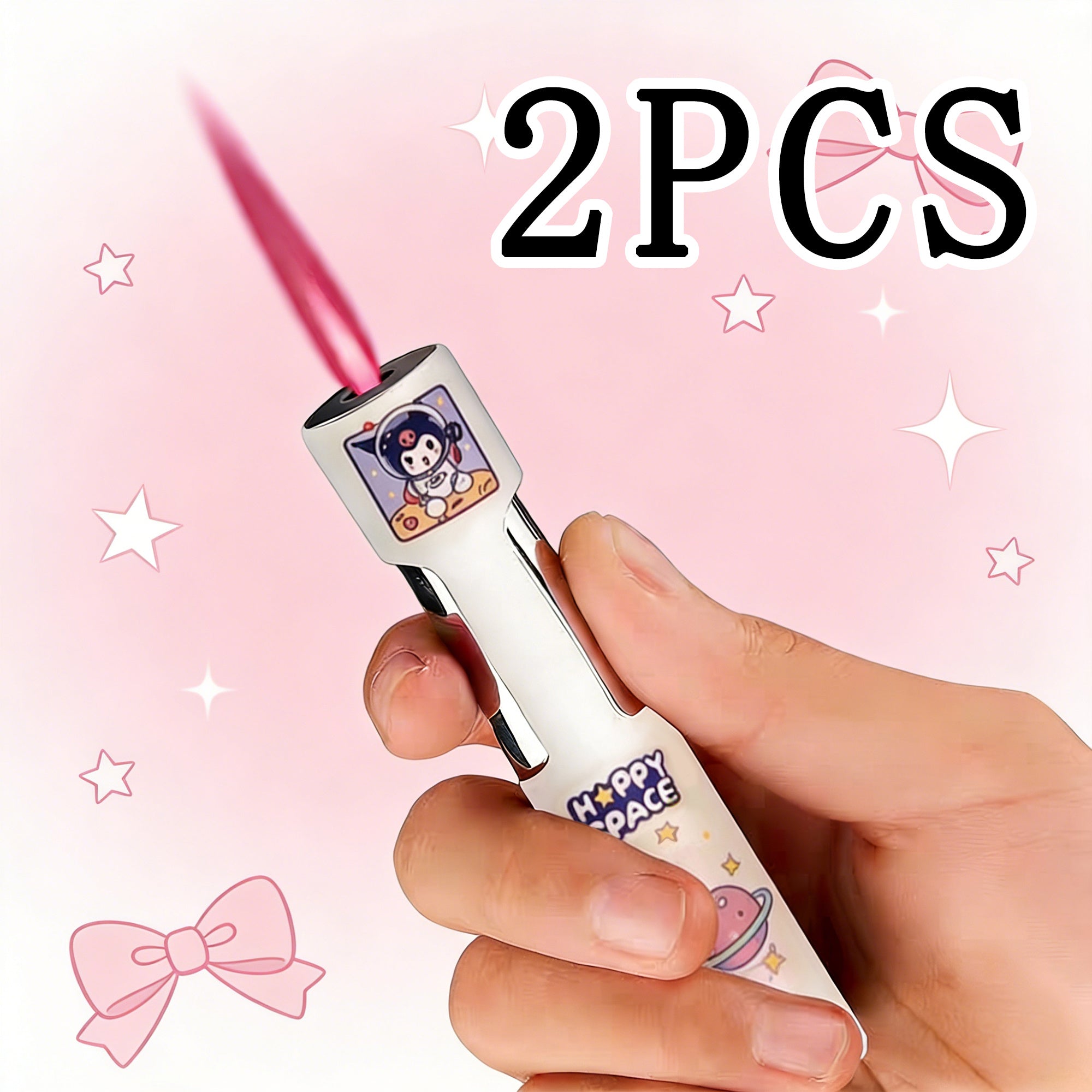 2pcs Sanrio Kuromi And Hello Kitty Cylindrical Lighter, Windproof Refillable Pink Flame Lighter, Cute Cartoon Mini Push Ignition Lighter, Portable Gift for Women And Girls (Butane Gas Not Included)
