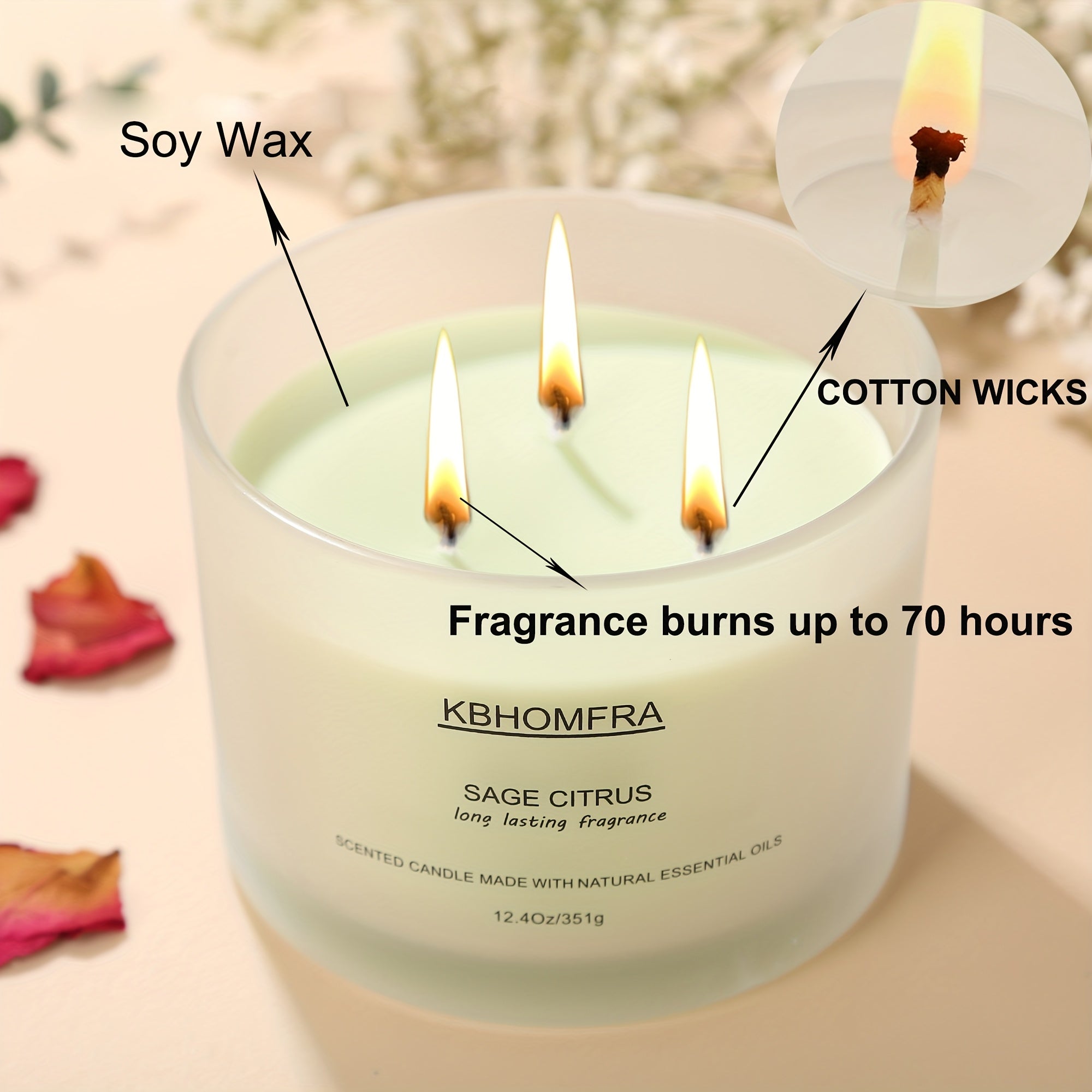 2Pack KBHOMFRA Scented Candle for Home, Coconut Jasmine Lavender Essential Oils Fragrant, Soy Wax 12.4Oz Large Capacity, 3-Wick 70 Hours Burn, for Festival Luxury Gift, Sleep Relaxation Ambience