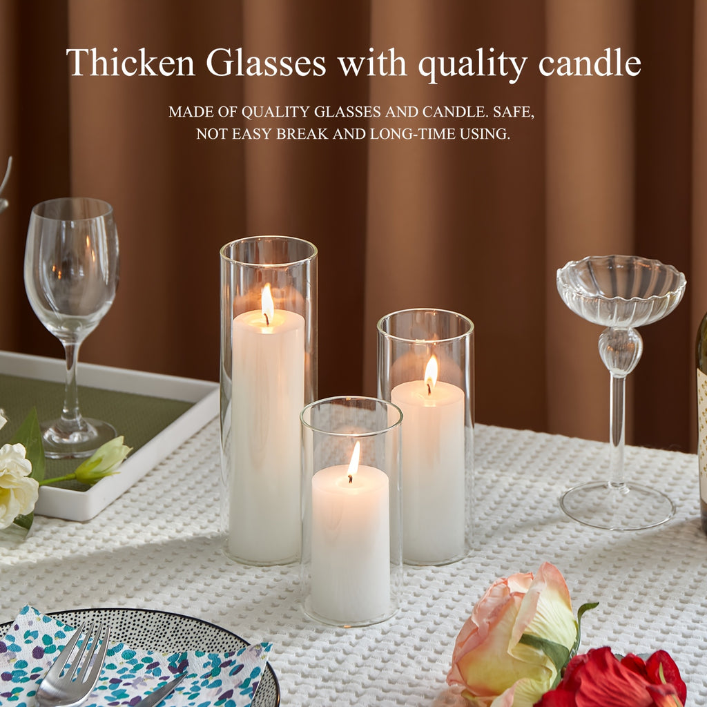 White Pillar Candles with Clear Glass Hurricane Holders- Elegant Cylinder Candle Vases for Weddings, Parties, Centerpieces, Home & Office Decor