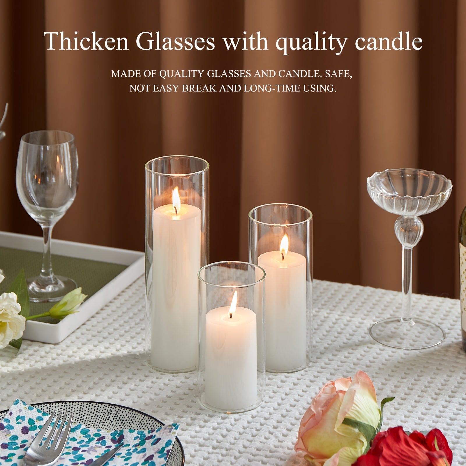 White Pillar Candles with Clear Glass Hurricane Holders- Elegant Cylinder Candle Vases for Weddings, Parties, Centerpieces, Home & Office Decor