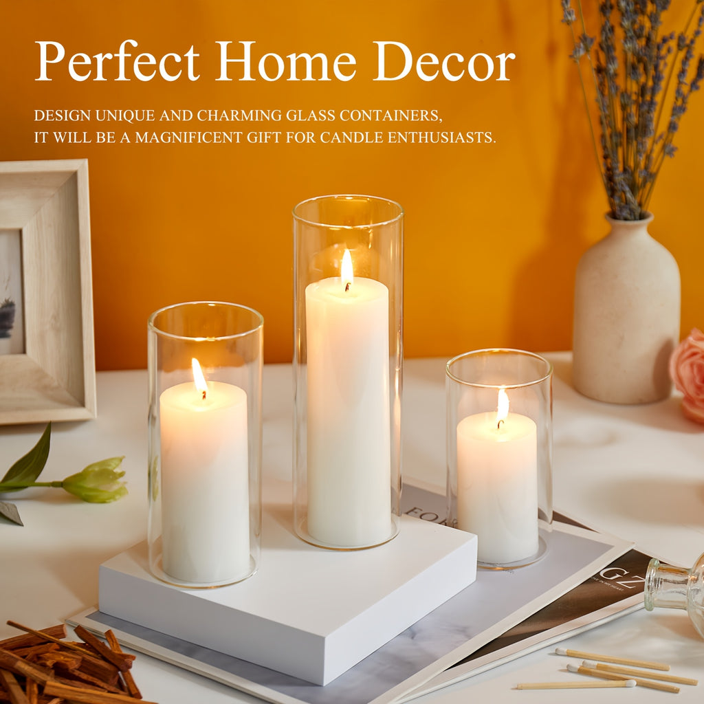 White Pillar Candles with Clear Glass Hurricane Holders- Elegant Cylinder Candle Vases for Weddings, Parties, Centerpieces, Home & Office Decor