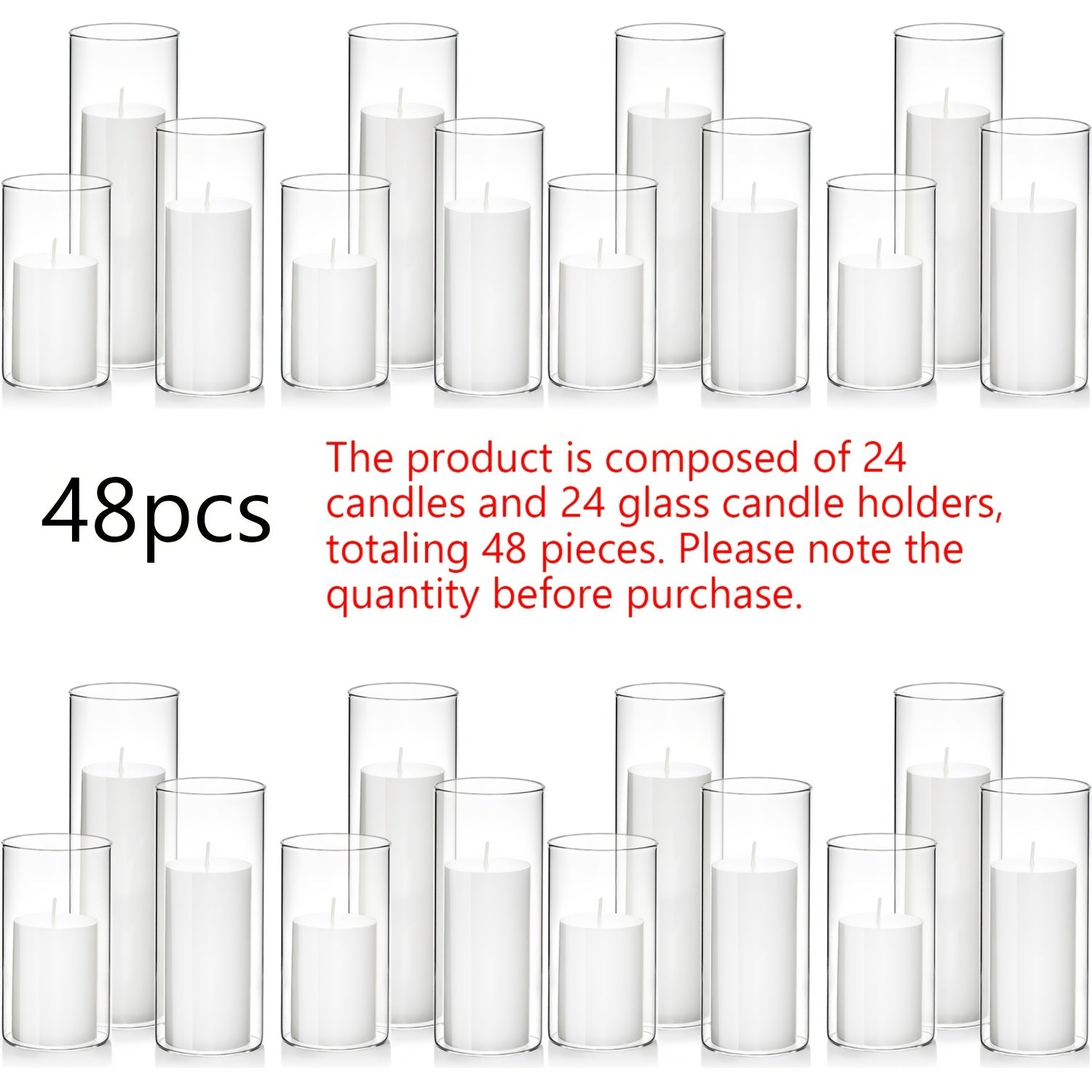 White Pillar Candles with Clear Glass Hurricane Holders- Elegant Cylinder Candle Vases for Weddings, Parties, Centerpieces, Home & Office Decor