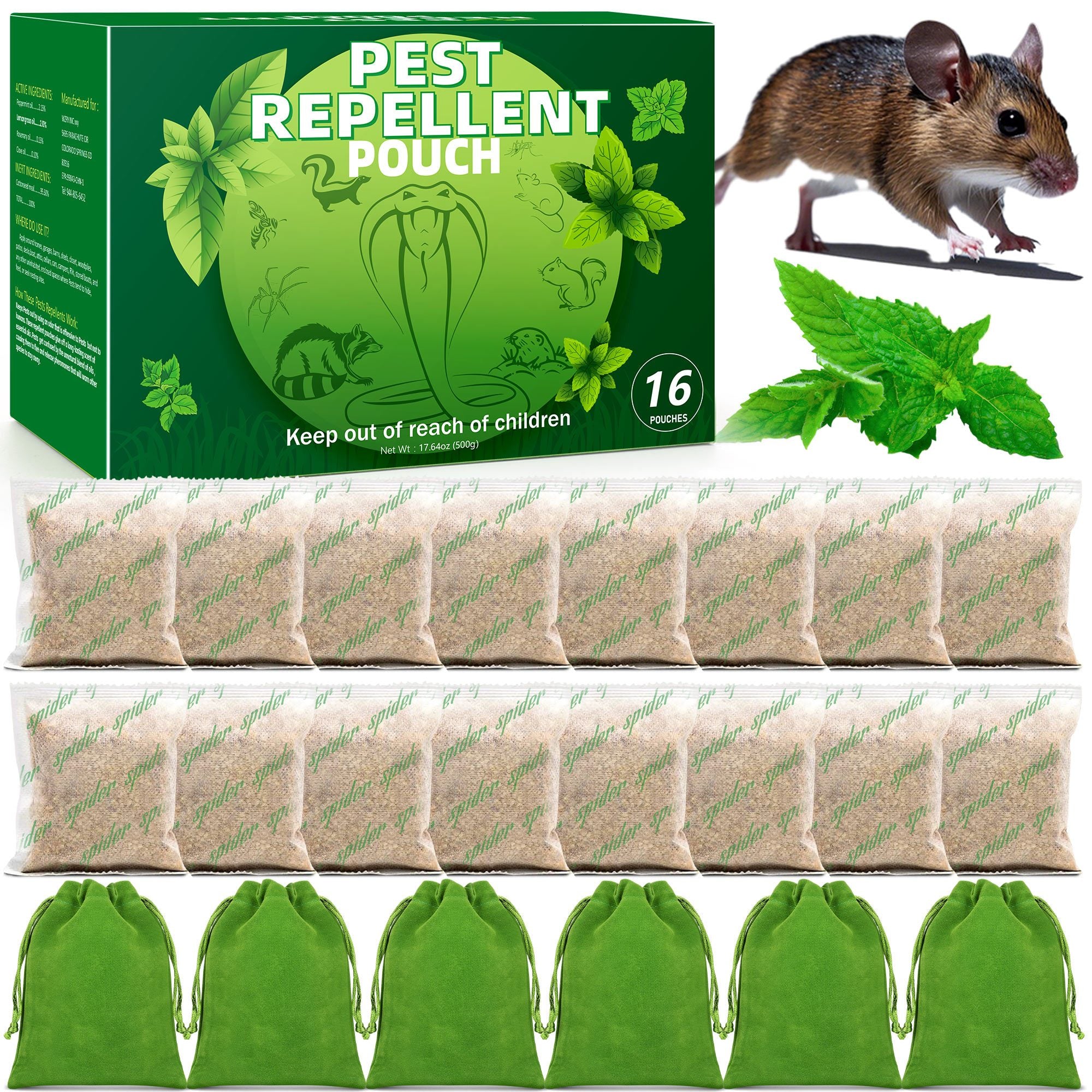 16 Pack Indoor Pest Repellent Pouches (with Storage Bags), Natural Plant-Based Rodent & Spider Deterrent