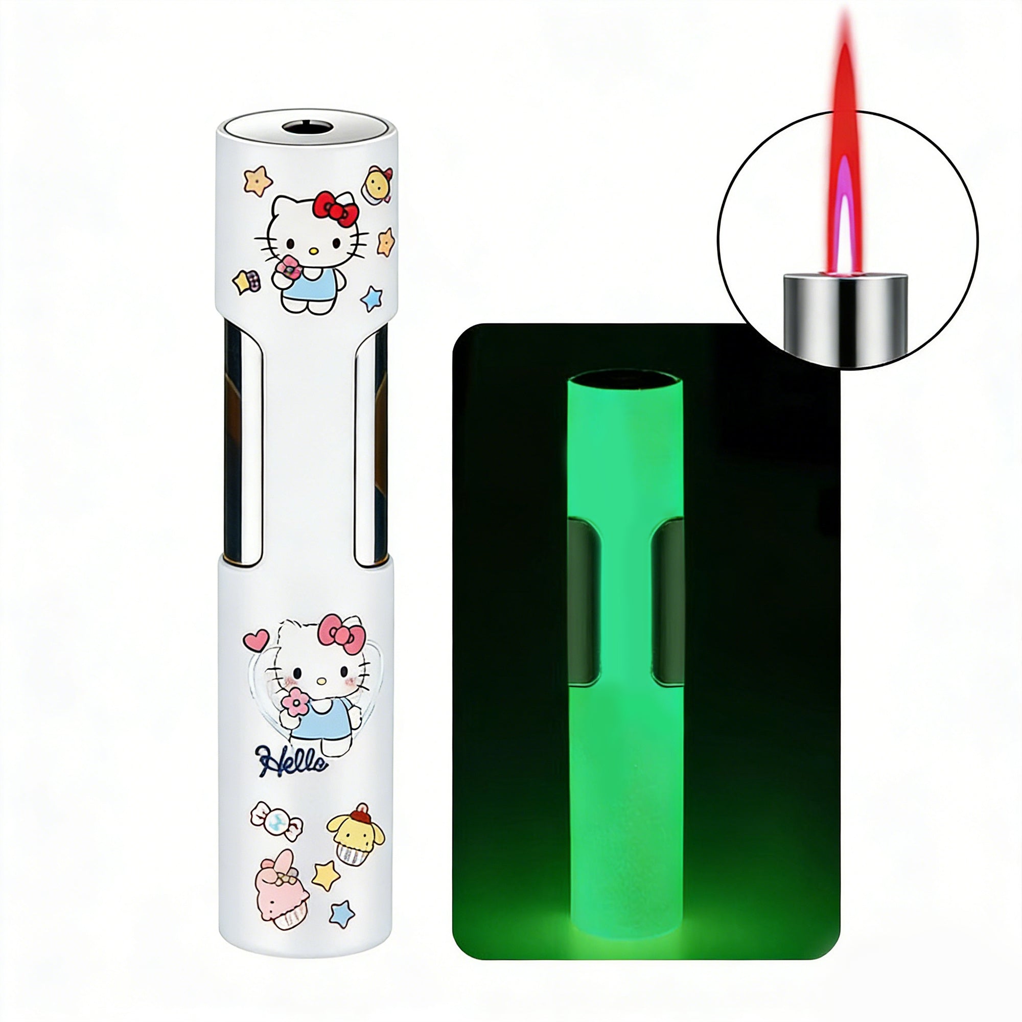 2pcs Sanrio Kuromi And Hello Kitty Cylindrical Lighter, Windproof Refillable Pink Flame Lighter, Cute Cartoon Mini Push Ignition Lighter, Portable Gift for Women And Girls (Butane Gas Not Included)