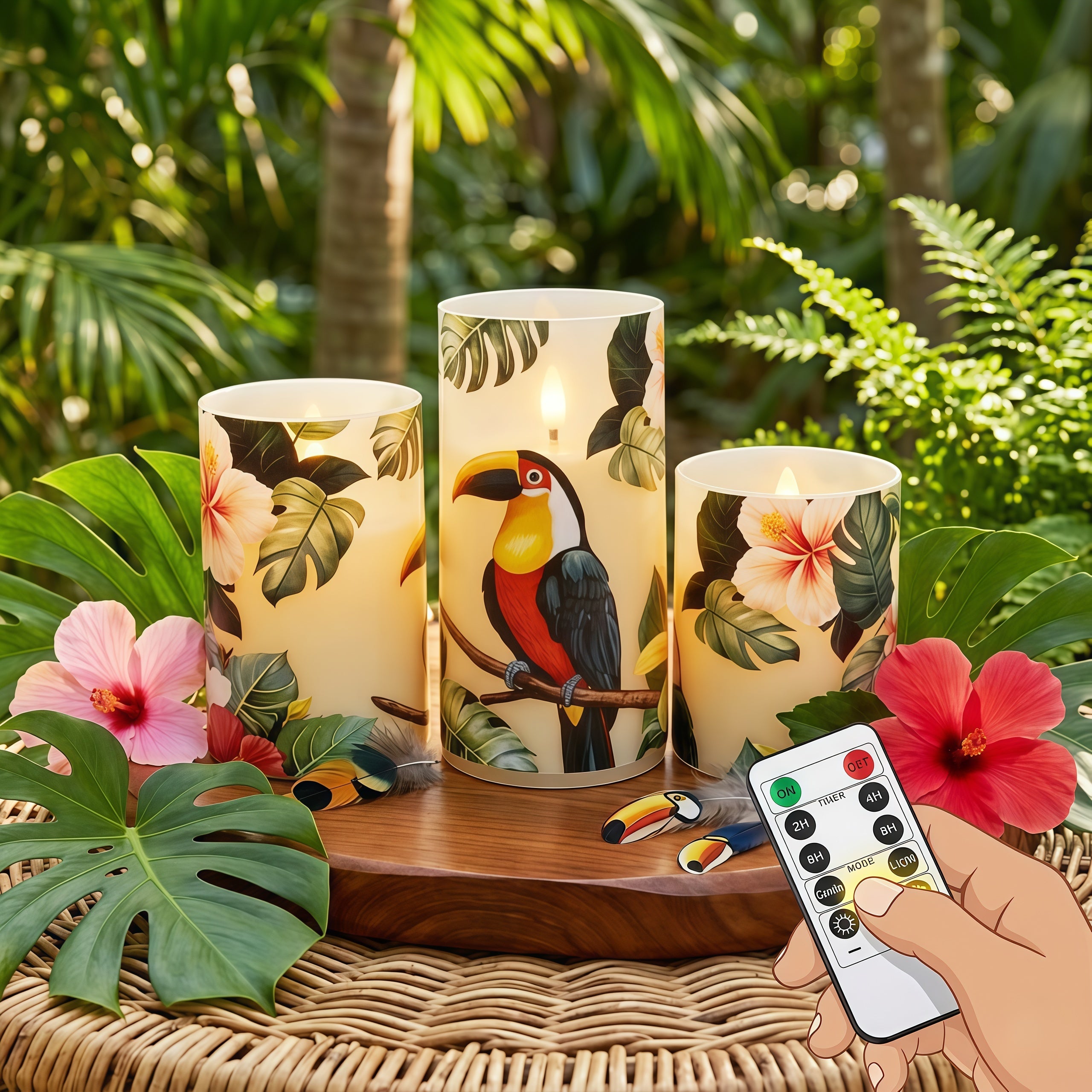 4pcs of LED Candles(3pcs Tropical Themed LED Flameless Candles+1pc Remote Control), Toucan Floral Print LED Candles, with Remote Control, Timer Function, Realistic Flickering Effect, for Bedroom, Bathroom, Table Centerpiece, Perfect Gifts