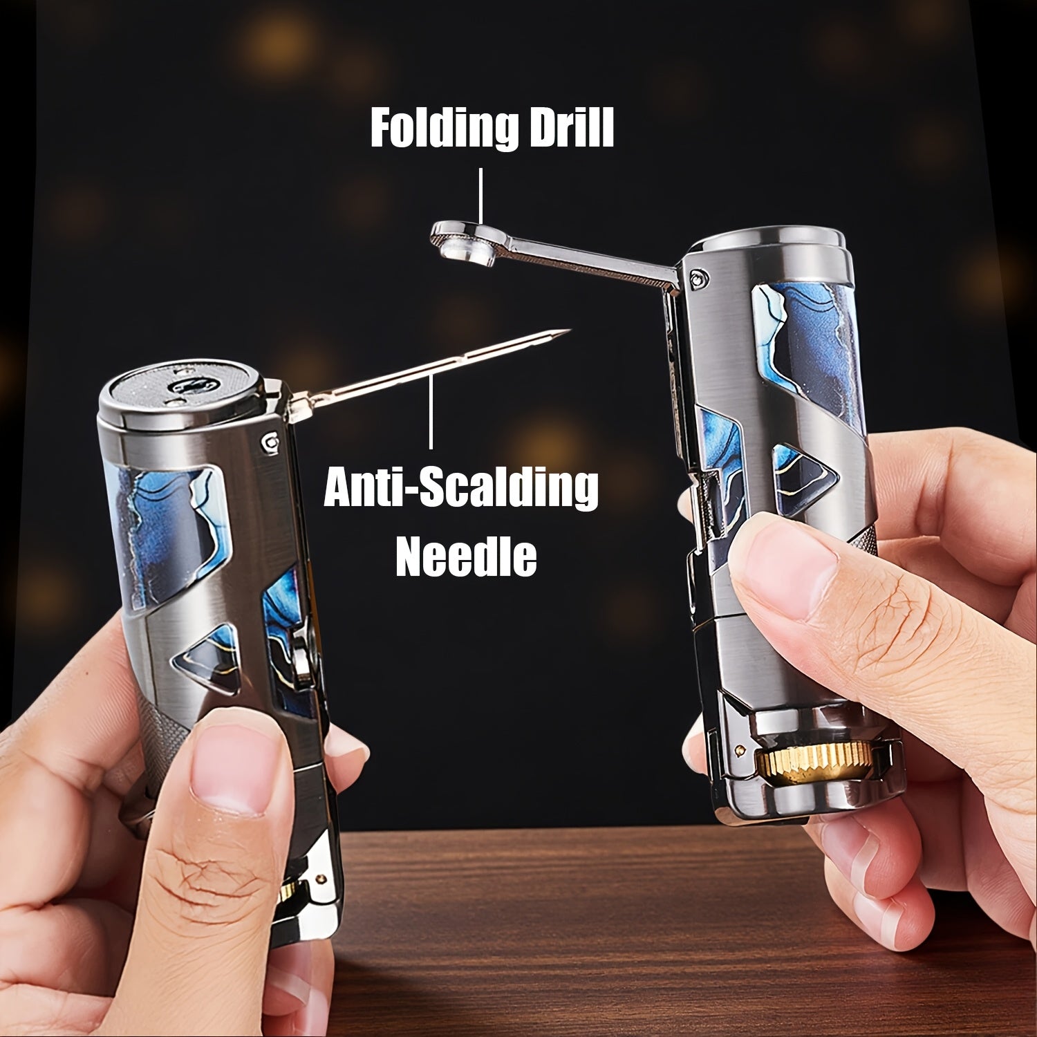 3-in-1 Zinc Alloy Windproof Refillable Butane Jet Torch Lighter, Advanced Technology Lines Design Protective Lid, Powerful Blue Flame, Built-in Punch And Draw Enhancer for Camping, BBQ And Candle for Father's Day And Birthday(Butane Not Included)