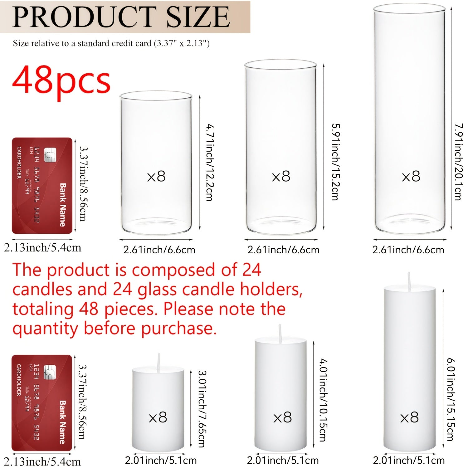 White Pillar Candles with Clear Glass Hurricane Holders- Elegant Cylinder Candle Vases for Weddings, Parties, Centerpieces, Home & Office Decor