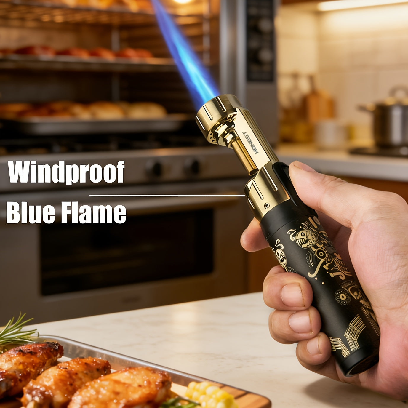 Large Tube Zinc Alloy Windproof Refillable Butane Jet Torch Lighter with Colorful Pattern, Powerful Polished End Adjustable Blue Flame for Candles, Camping And Barbecue, Ideal Present for Father'S Day, Birthday And Holiday (No Butane Included)