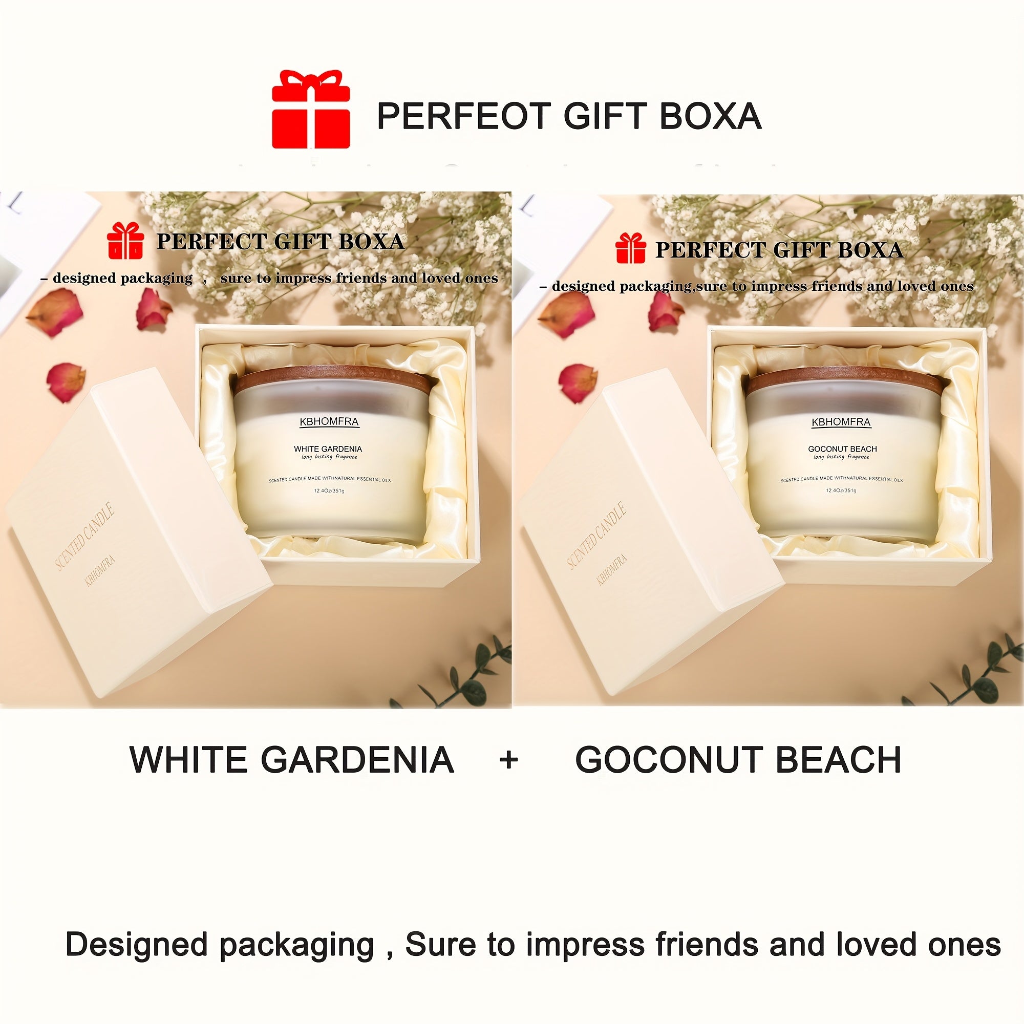 2Pack KBHOMFRA Scented Candle for Home, Coconut Jasmine Lavender Essential Oils Fragrant, Soy Wax 12.4Oz Large Capacity, 3-Wick 70 Hours Burn, for Festival Luxury Gift, Sleep Relaxation Ambience