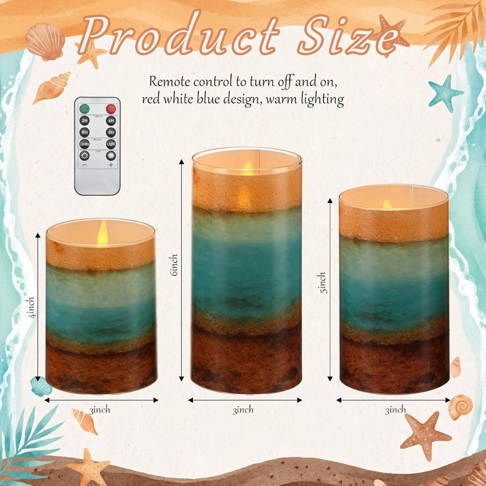3pcs Summer Ocean Flameless Candles, Teal Beach LED Pillar Candles, Battery Operated with Remote, Coastal Nautical Flickering Holiday Decorations & Gifts